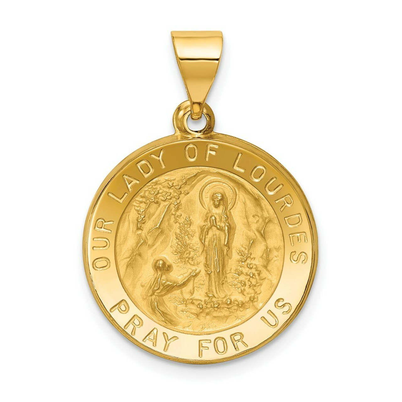 14K Yellow Gold Polished and Satin Our Lady of Lourdes Medal Pendant 19mm width - (B11-113)