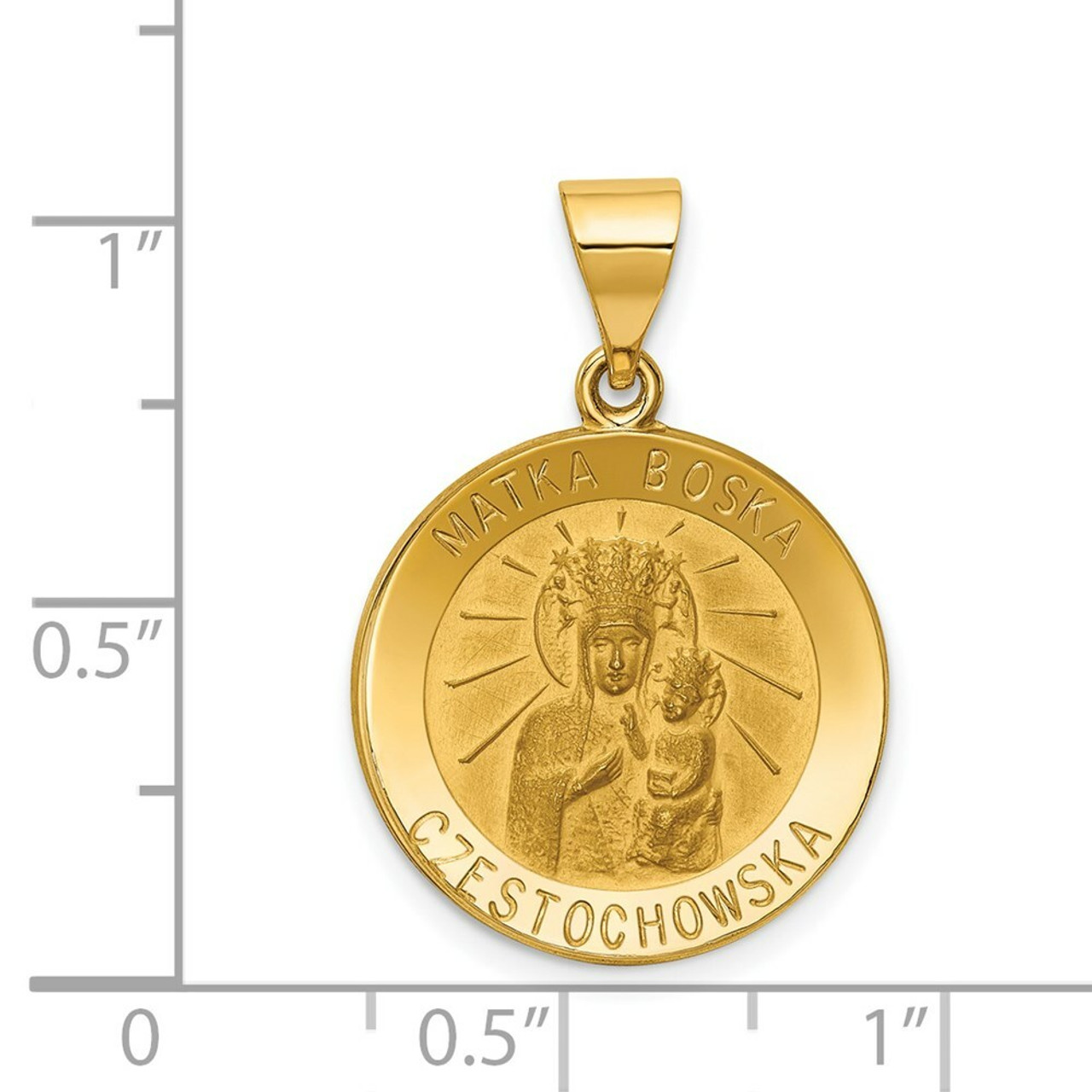 14K Yellow Gold Polished and Satin Matka Boska Czestochowska Reversible Medal Pendant 19mm width - (B11-134)