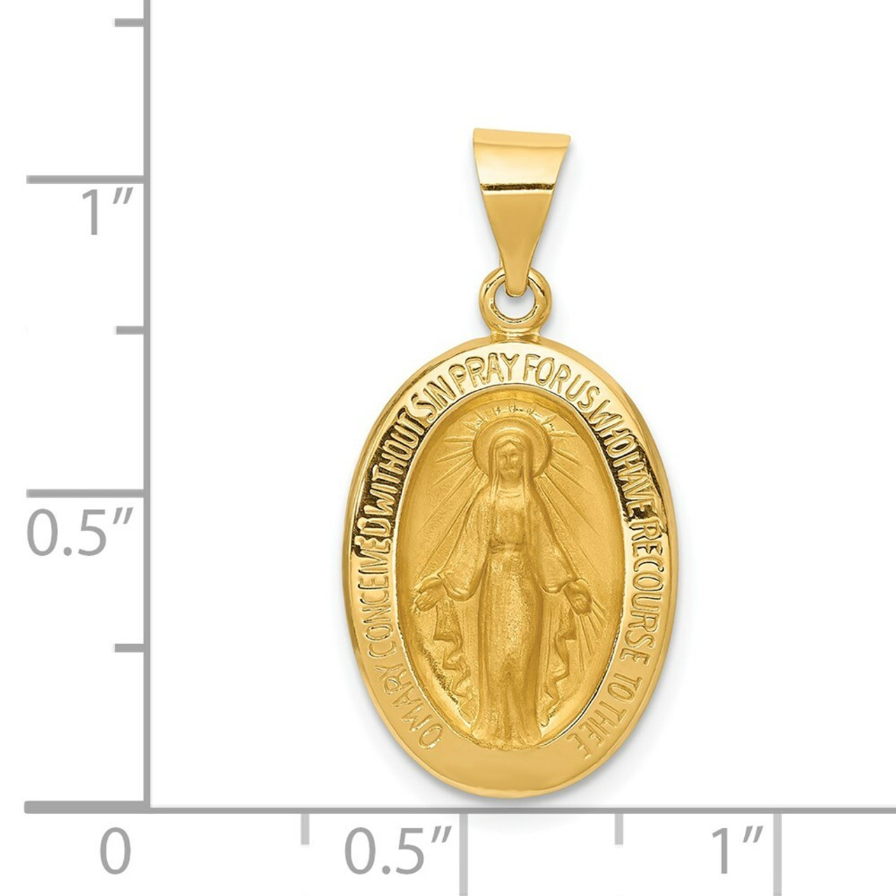 14K Yellow Gold Polished and Satin Miraculous Medal Pendant 14mm width - (B11-253)