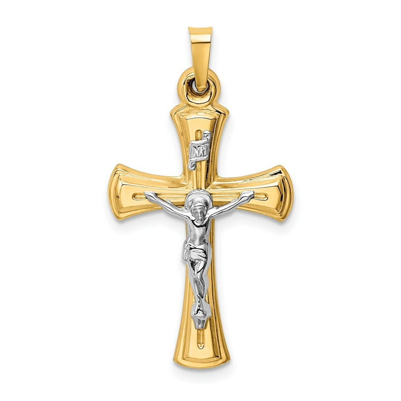 14K Two-tone Gold INRI Hollow Crucifix Pendant 34mm length - (B11-256)
