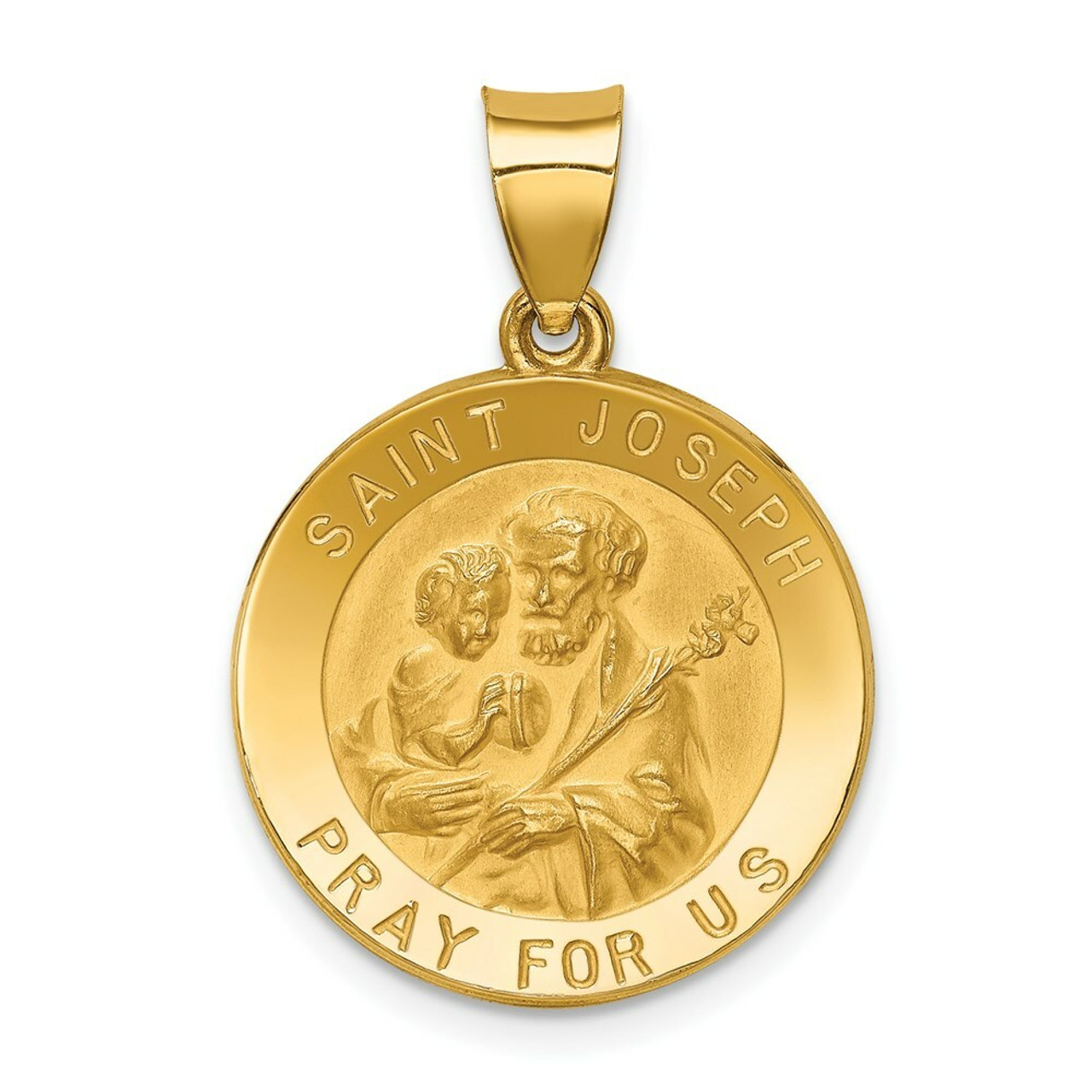 14K Yellow Gold Polished and Satin St. Joseph Medal Pendant 19mm width - (B11-449)