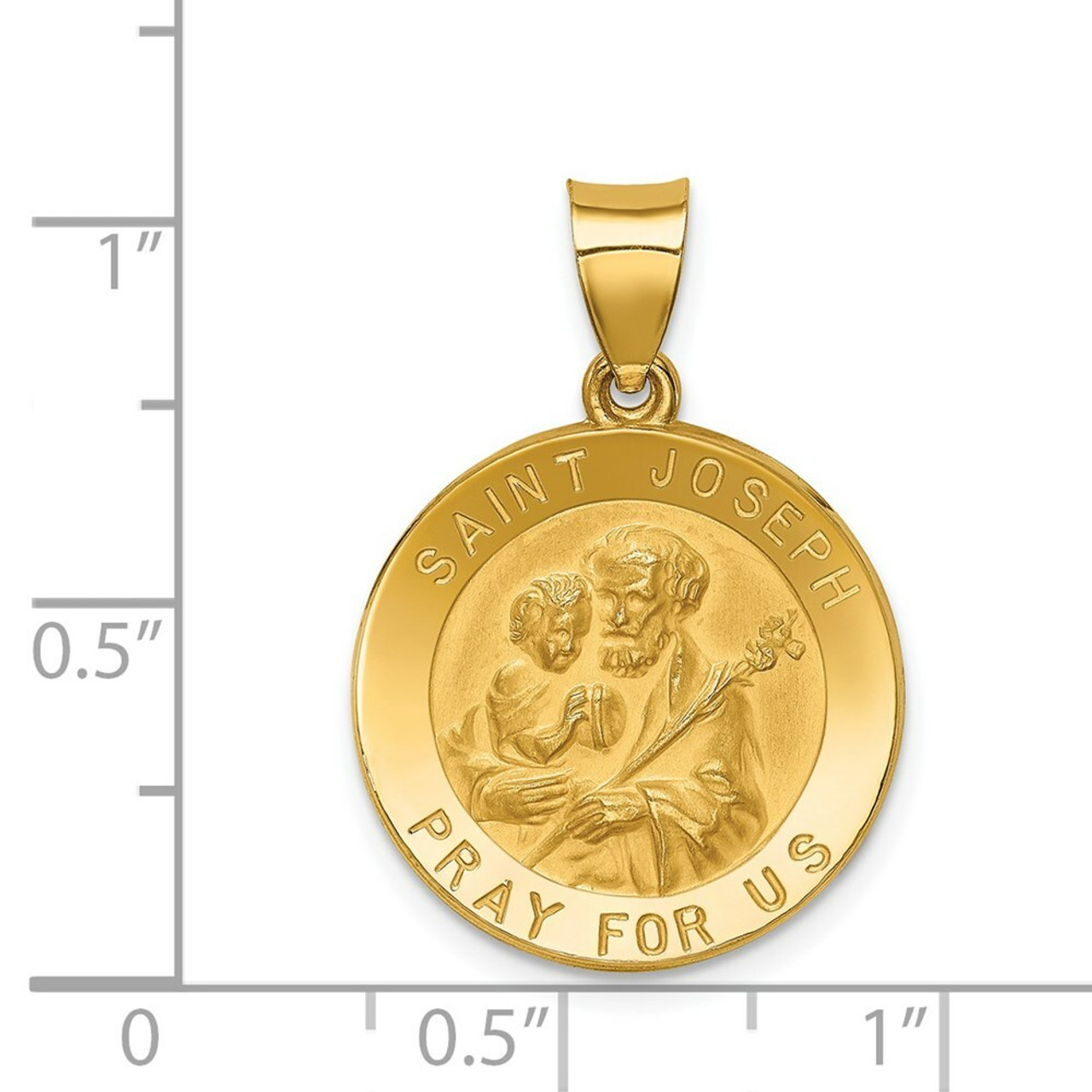 14K Yellow Gold Polished and Satin St. Joseph Medal Pendant 19mm width - (B11-449)