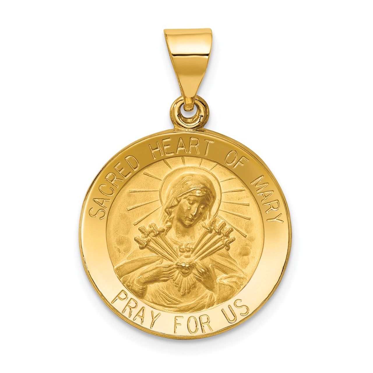 14K Yellow Gold Polished and Satin Sacred Heart of Mary Medal Pendant 19mm width - (B11-456)