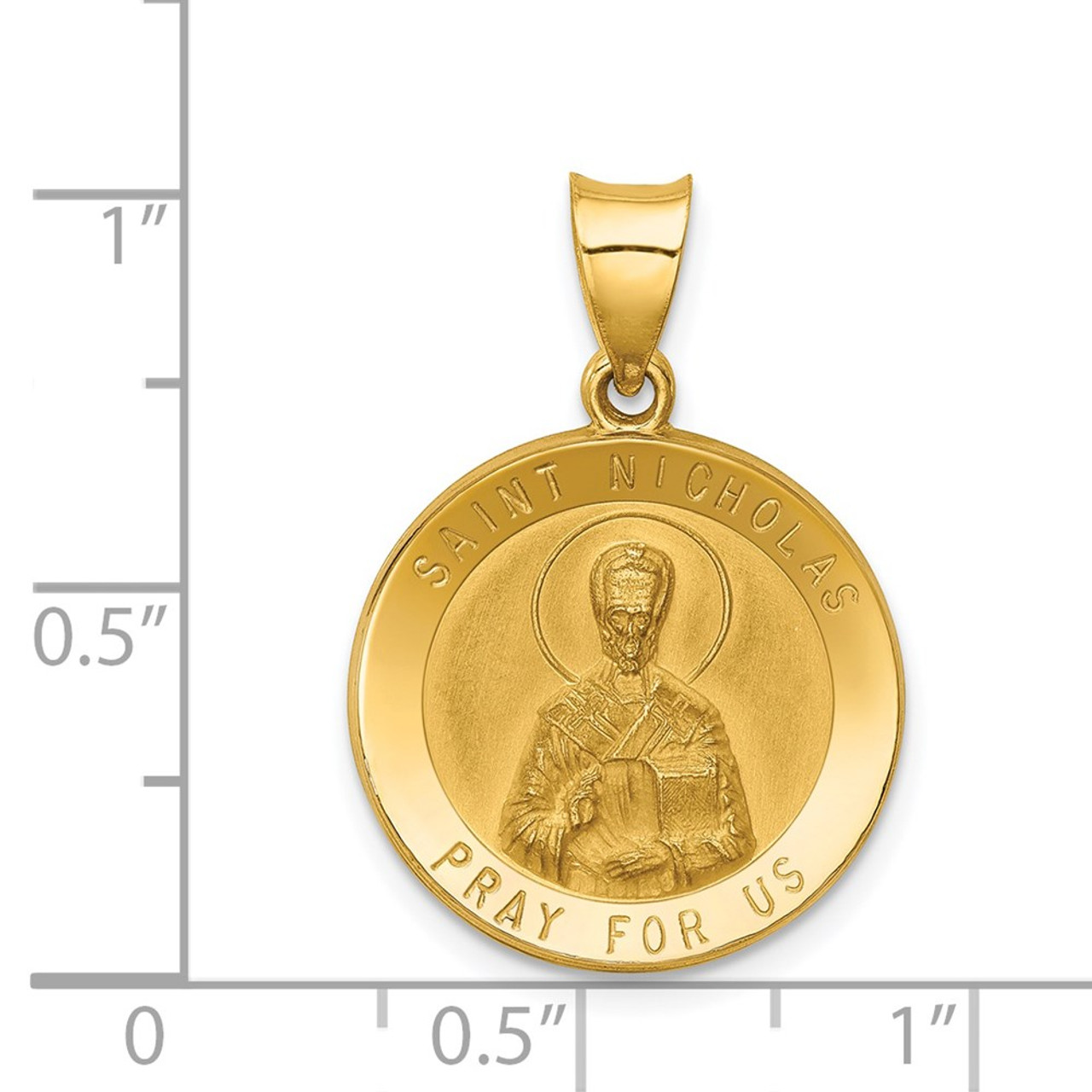 14K Yellow Gold Polished and Satin St. Nicholas Medal Pendant 19mm width - (B11-478)