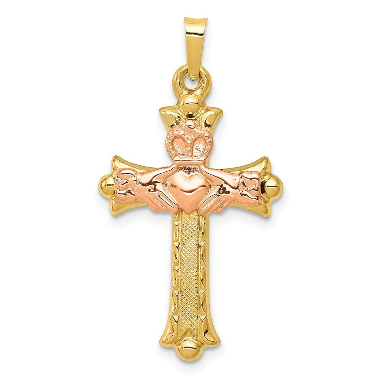 14K Two-tone Gold Claddagh Cross Pendant 34mm length - (B11-515)