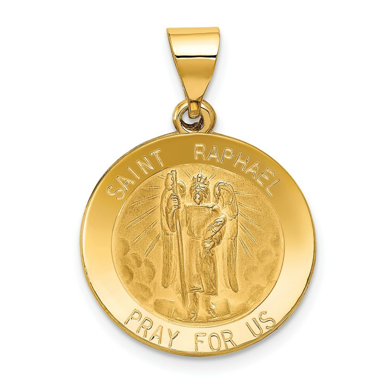 14K Yellow Gold Polished and Satin St. Raphael Medal Pendant 20mm width - (B11-532)