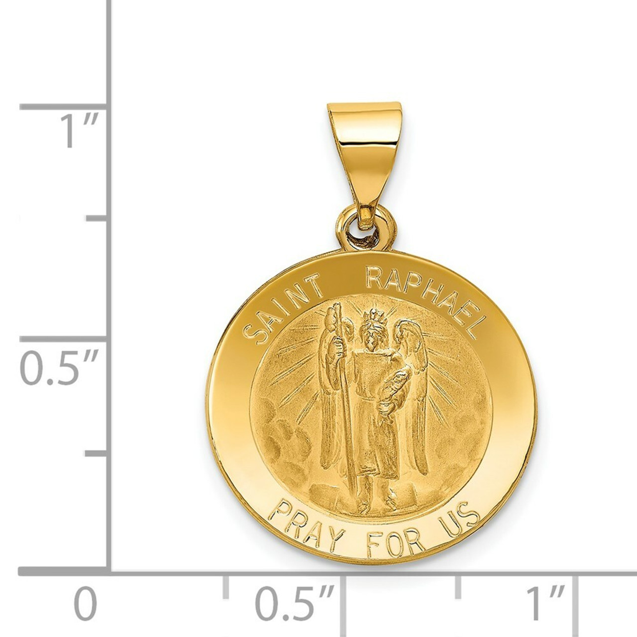 14K Yellow Gold Polished and Satin St. Raphael Medal Pendant 20mm width - (B11-532)