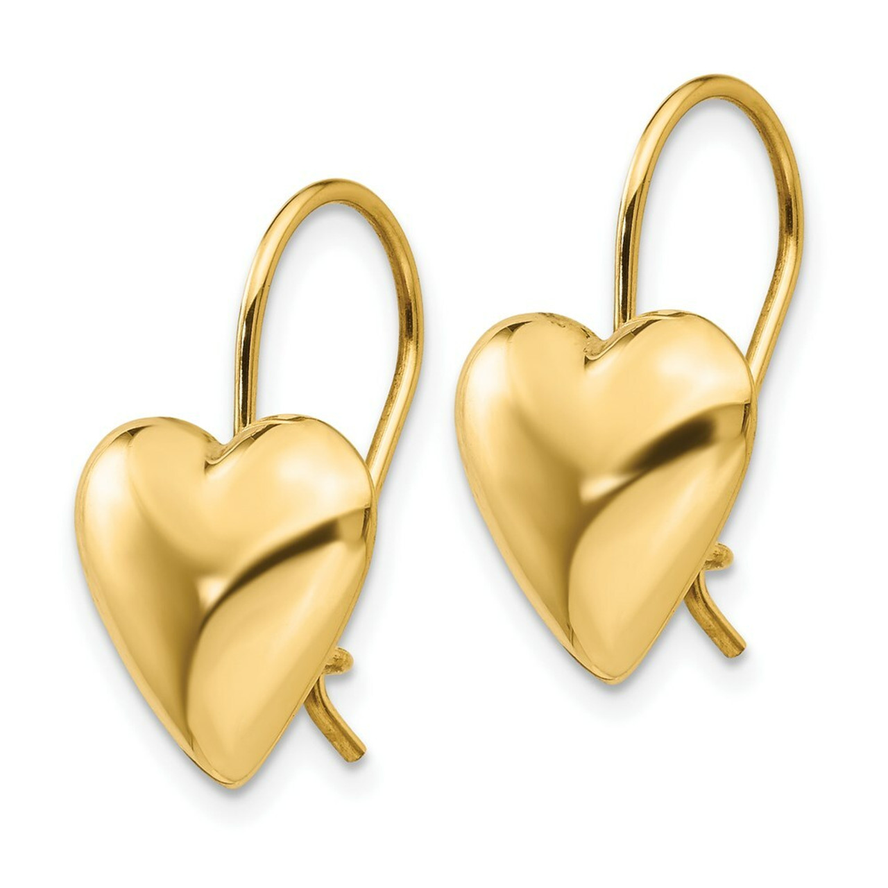 14K Yellow Gold Polished 11.5mm Puffed Heart Kidney Wire Earrings - (B36-860)
