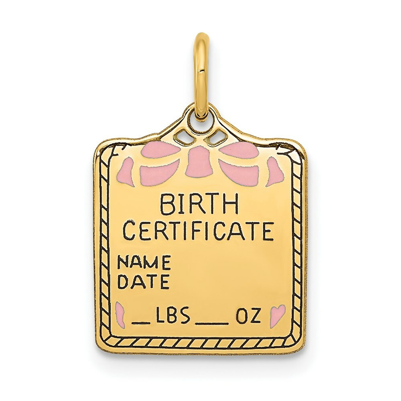 14K Yellow Gold Enameled Pink Engravable Birth Certificate Charm - (A82-461)