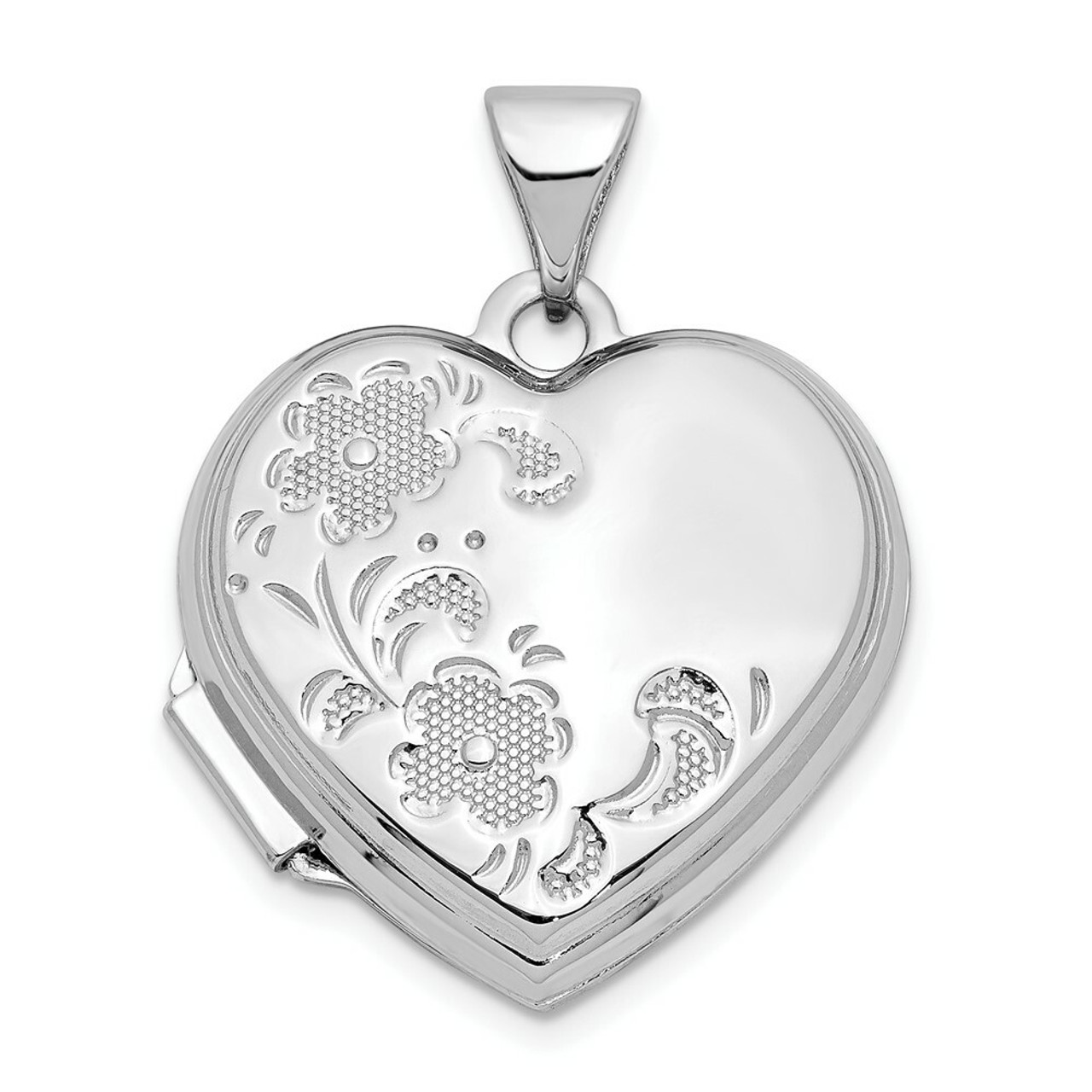 14K White Gold Polished Heart-Shaped Floral Locket 24x19mm - (A99-459)
