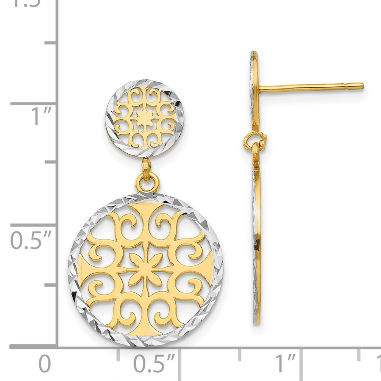 14K Yellow Gold & Rhodium Diamond-cut Circles Dangle Post Earrings - (B42-285)