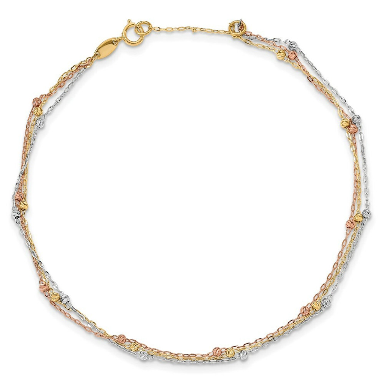 14k Tri-color Gold 3-Strand Diamond-cut Beaded Anklet - length: 10'' inches - (C64-109)