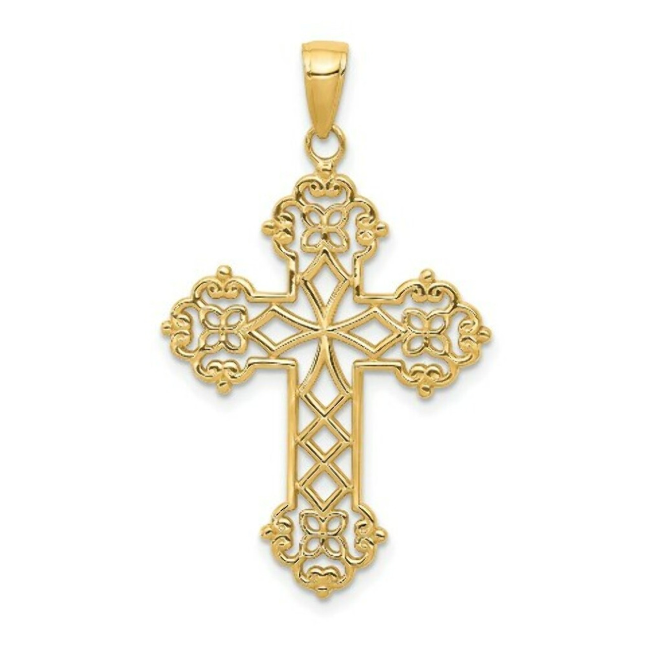 14K Yellow Gold Lacey Budded Cross Pendant - (A83-808)