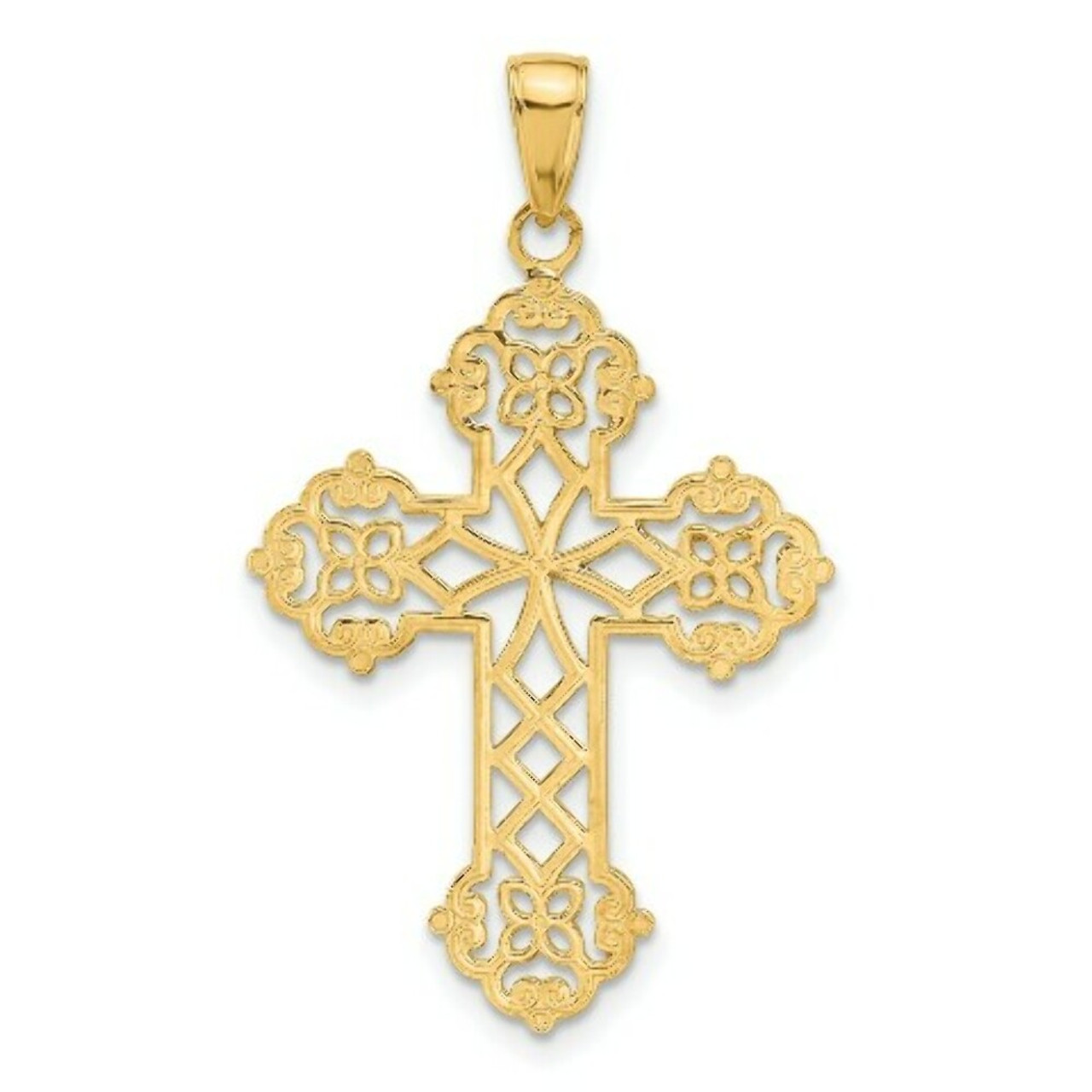 14K Yellow Gold Lacey Budded Cross Pendant - (A83-808)
