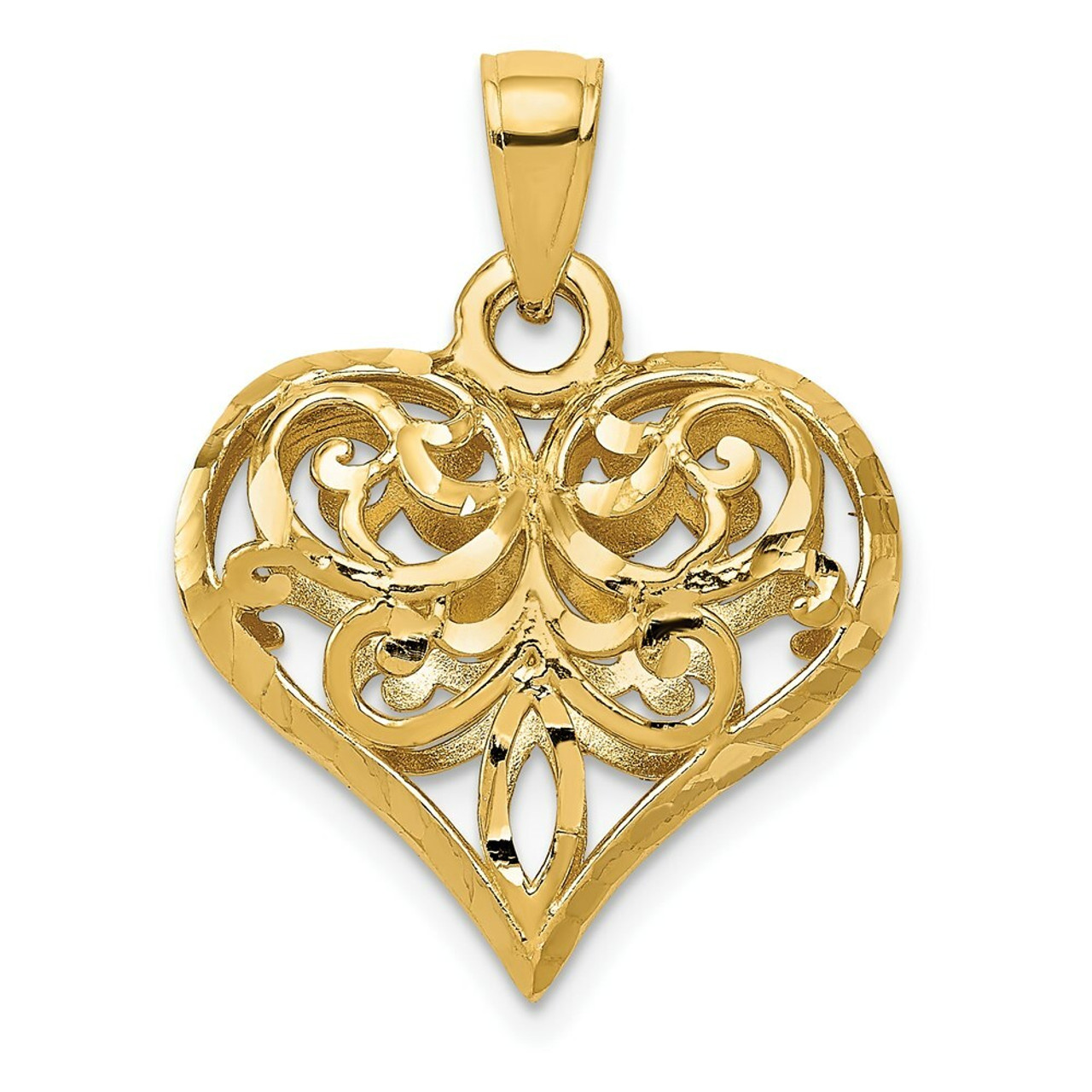 14K Yellow Gold Diamond-cut Open Filgree Fleur-de-lis Heart Pendant - (A84-584)