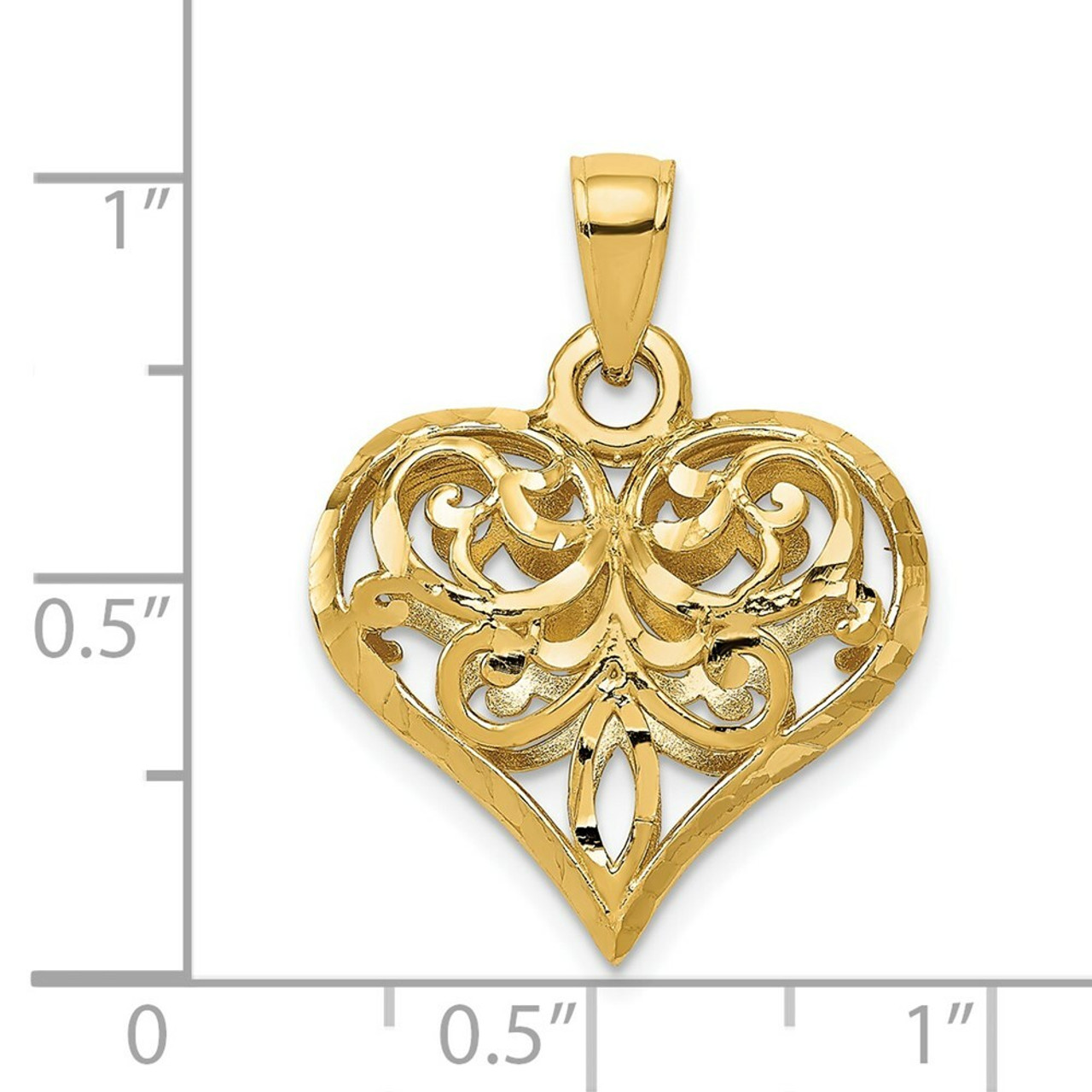 14K Yellow Gold Diamond-cut Open Filgree Fleur-de-lis Heart Pendant - (A84-584)