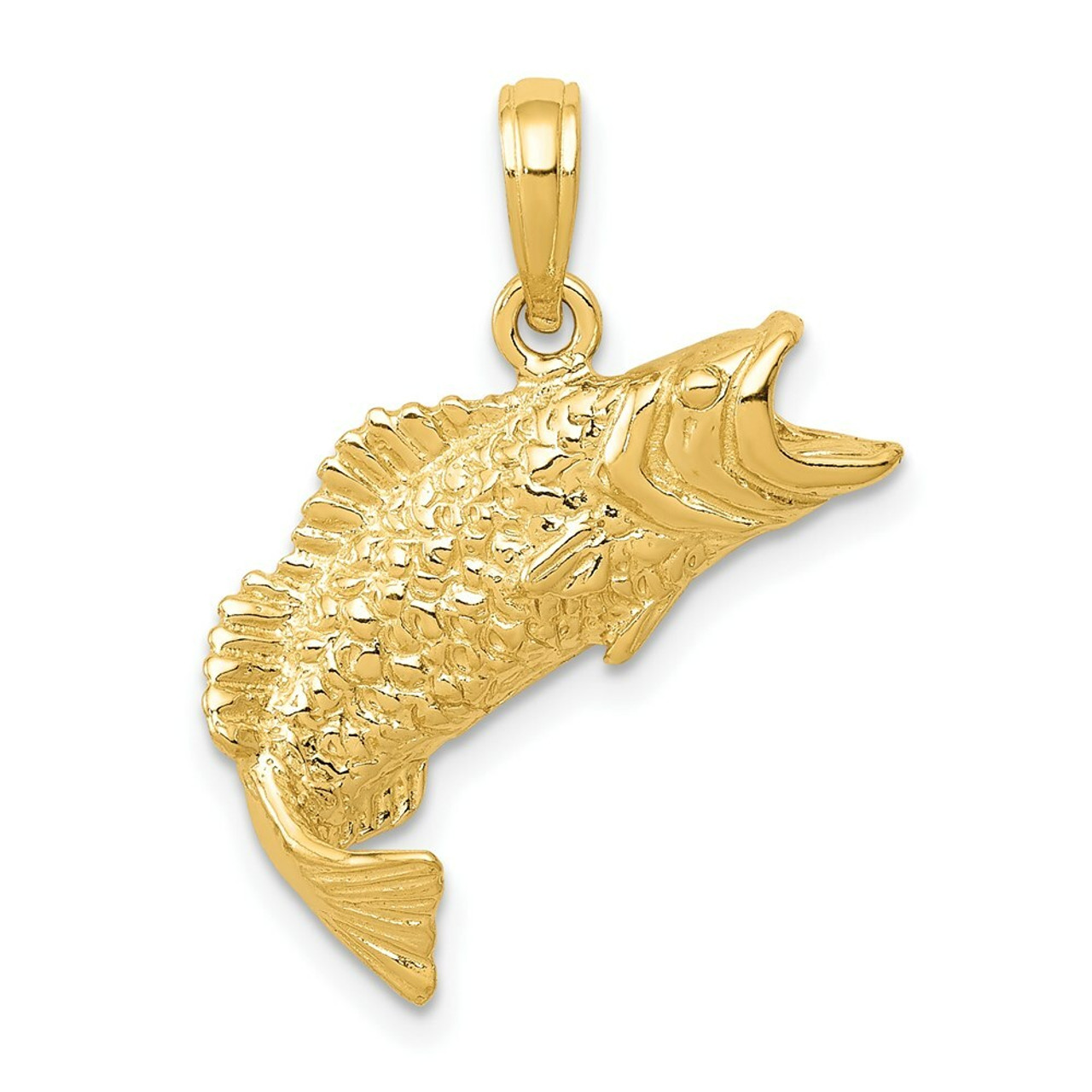 14K Yellow Gold Polished & Textured Bass Fish Pendant - (A85-475)