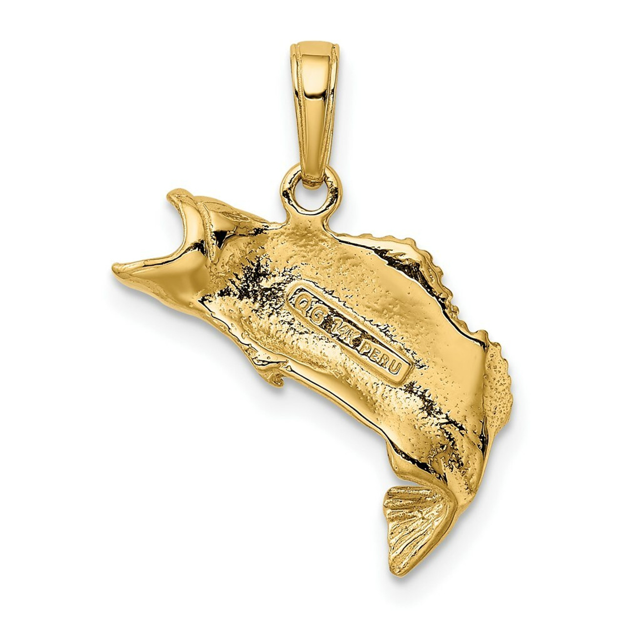14K Yellow Gold Polished & Textured Bass Fish Pendant - (A85-475)