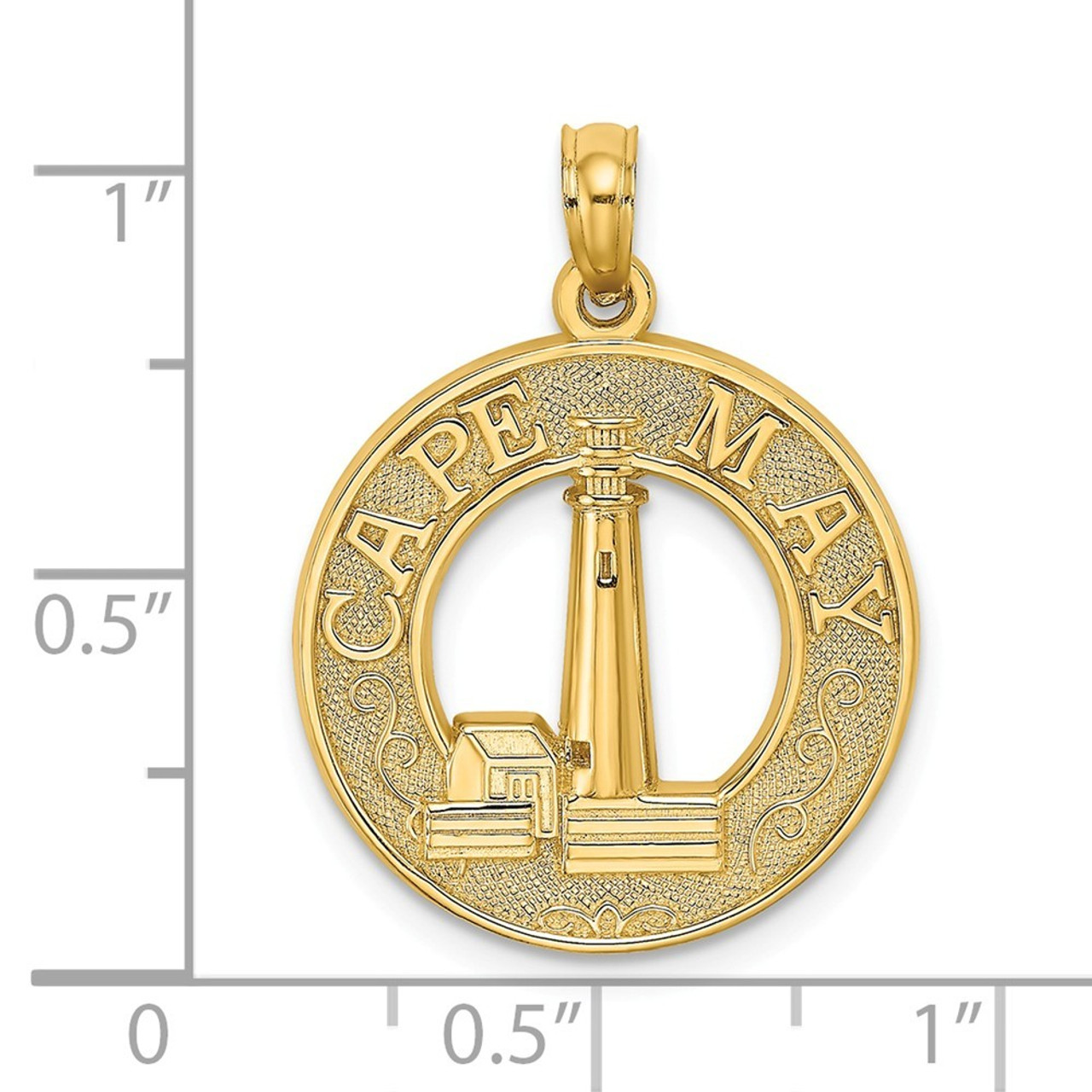 14K Yellow Gold Cape May Round Frame With Lighthouse Center Charm Pendant - (A93-332)