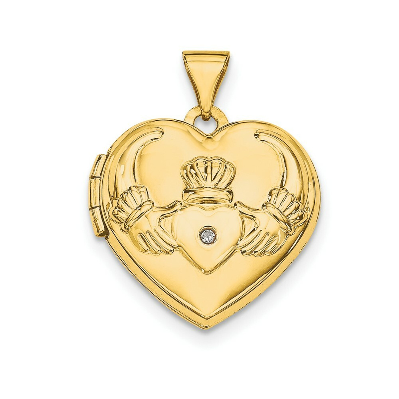 14K Yellow Gold Diamond Claddagh Heart Locket 20x15mm - (A99-553)