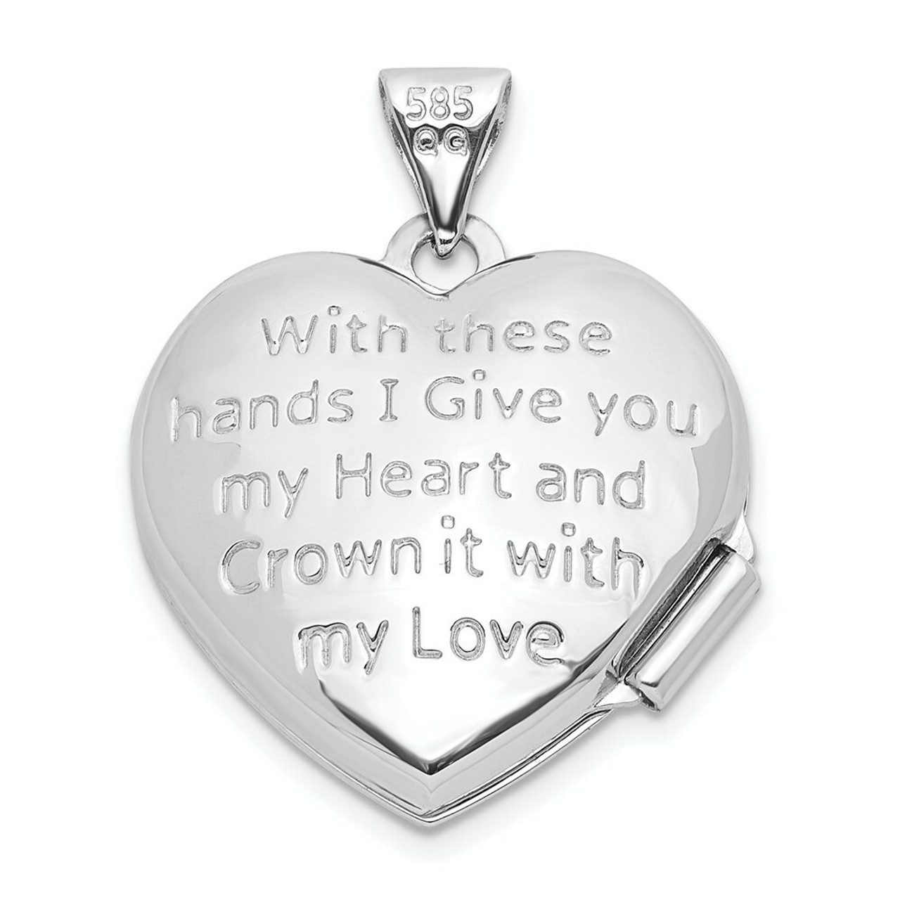 14K White Gold Polished Diamond Heart-Shaped Claddagh Locket 21x15mm - (A99-588)