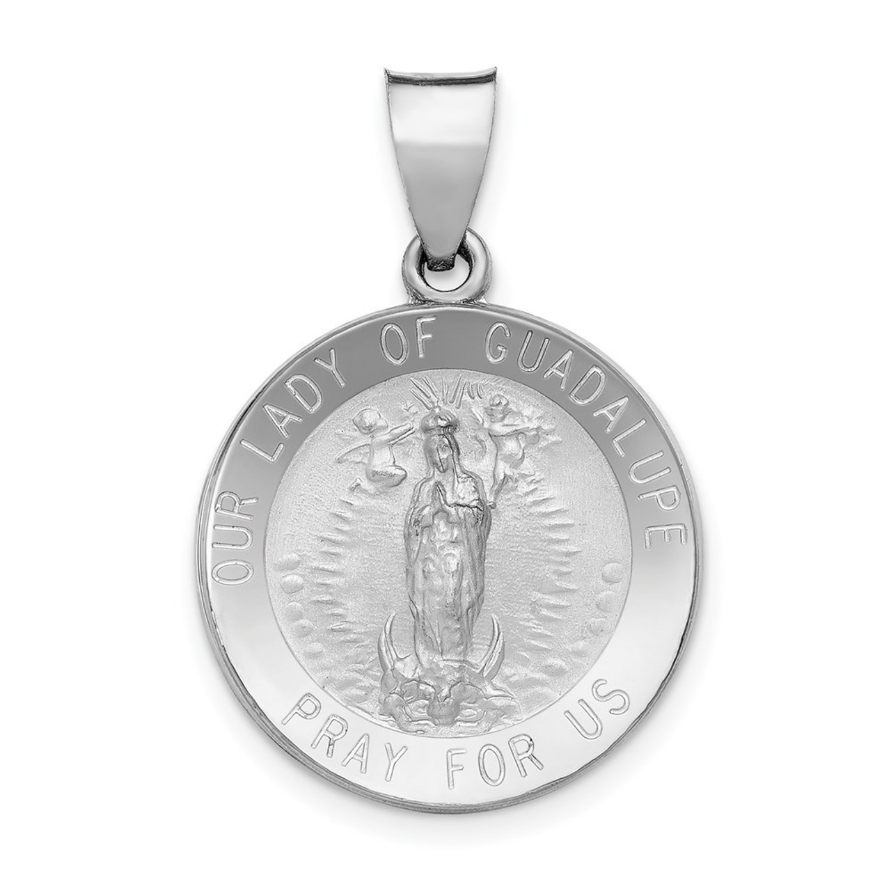 14k White Gold and Satin Our Lady of Guadalupe Medal Pendant 