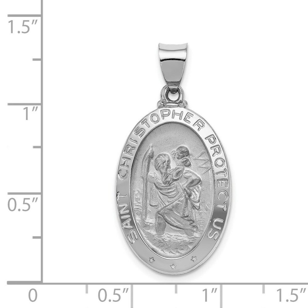 14K White Gold Polished and Satin Saint Christopher Medal Pendant 16mm width - (B11-133)