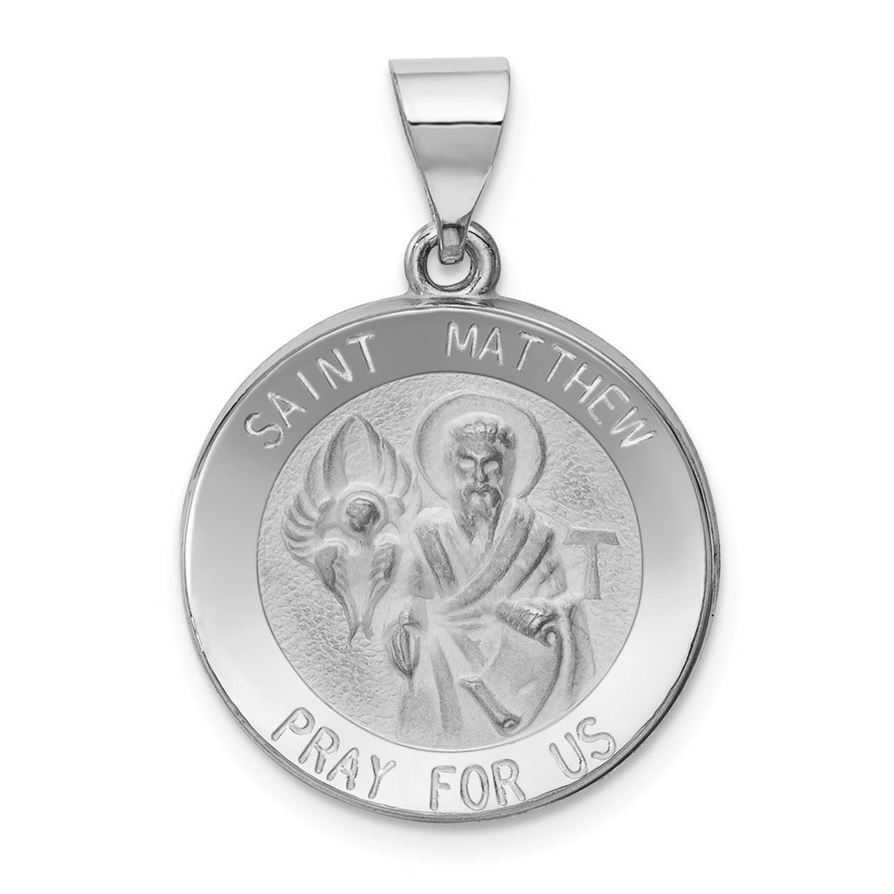 14K White Gold Polished and Satin St. Matthew Pendant 19mm width - (B11-168)