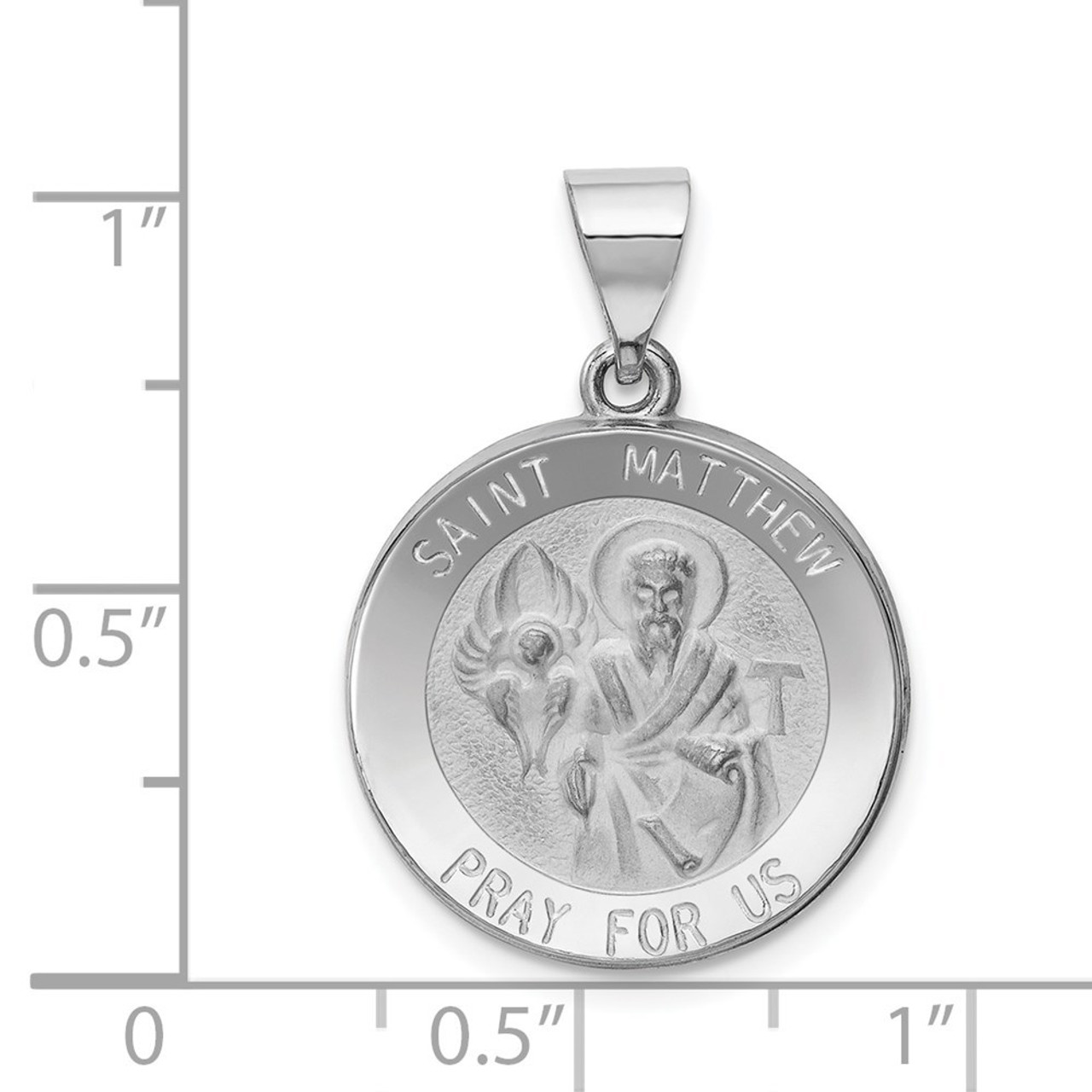 14K White Gold Polished and Satin St. Matthew Pendant 19mm width - (B11-168)