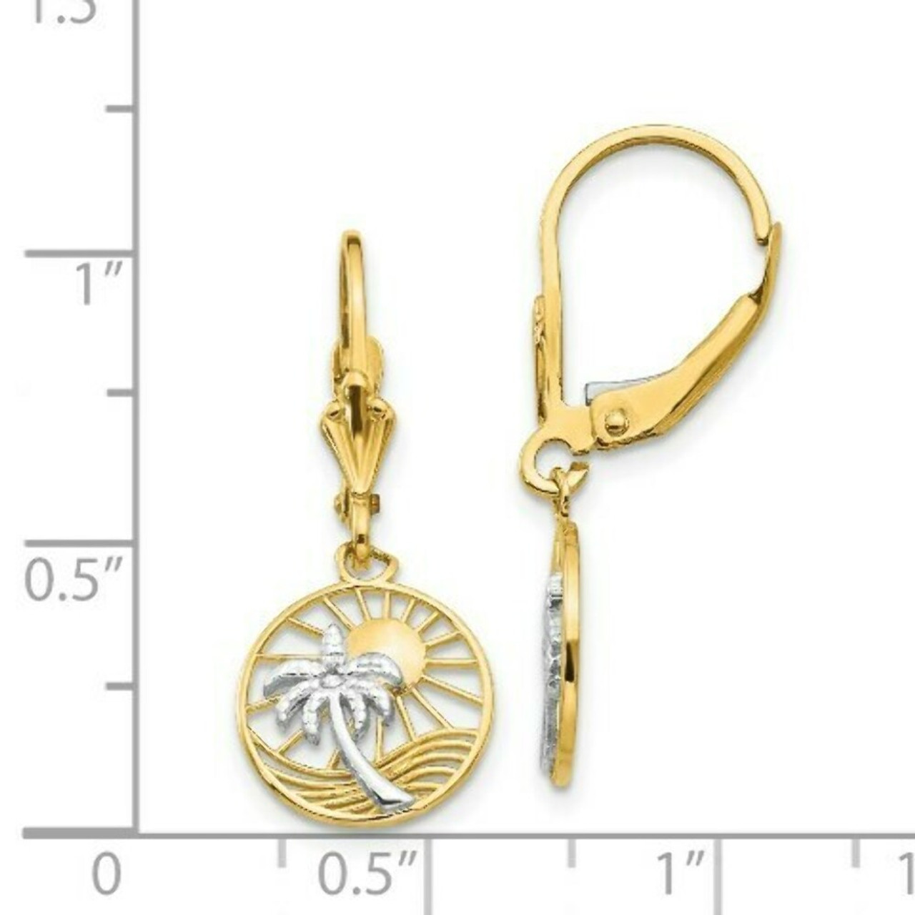 14K Yellow Gold & Rhodium Palm Tree Leverback Earrings - (B36-943)