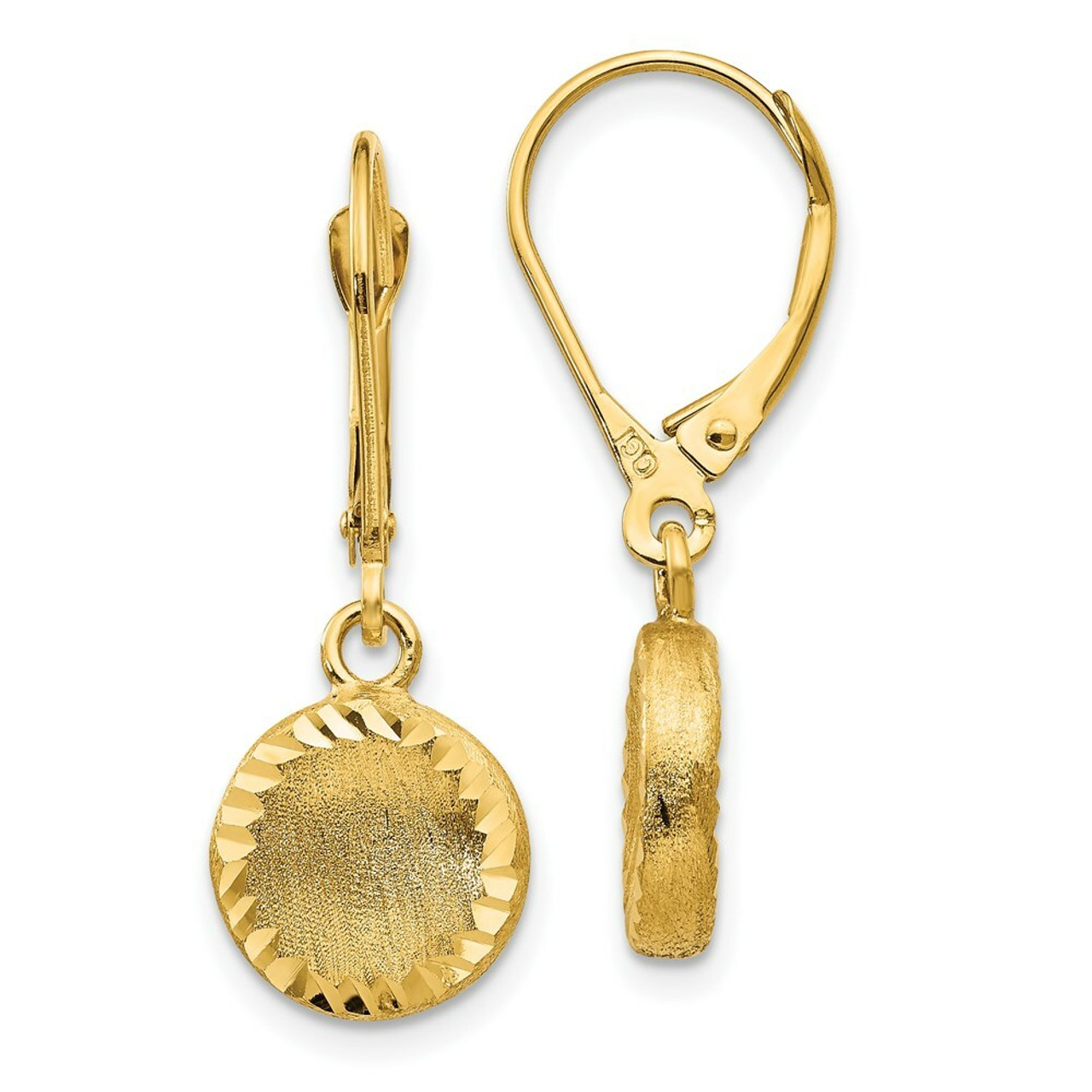 14K Yellow Gold Brushed Polished & Diamond-cut Circle Leverback Earrings - (B40-933)