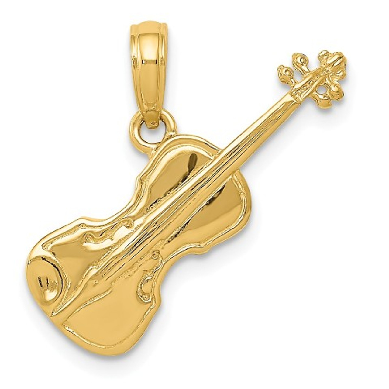 14K Yellow Gold Polished Solid 3-Dimensional Violin Pendant - (A83-189)