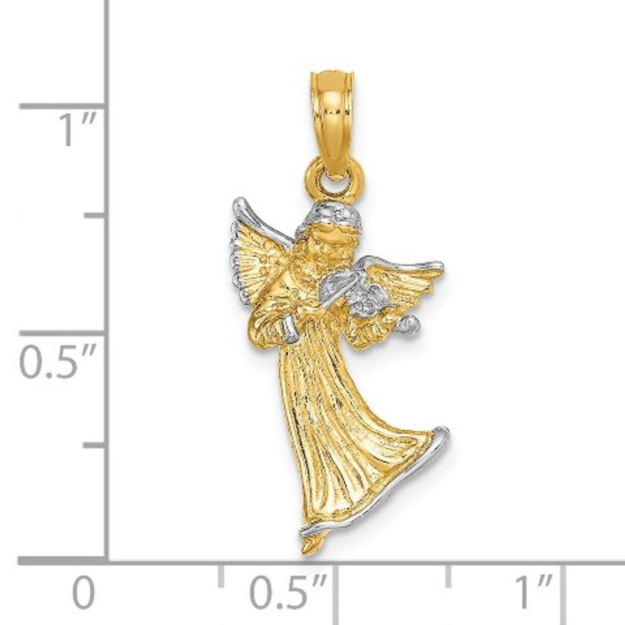 14K Yellow Gold Two-tone 3-D Angel Playing Violin Charm Pendant - (A93-618)