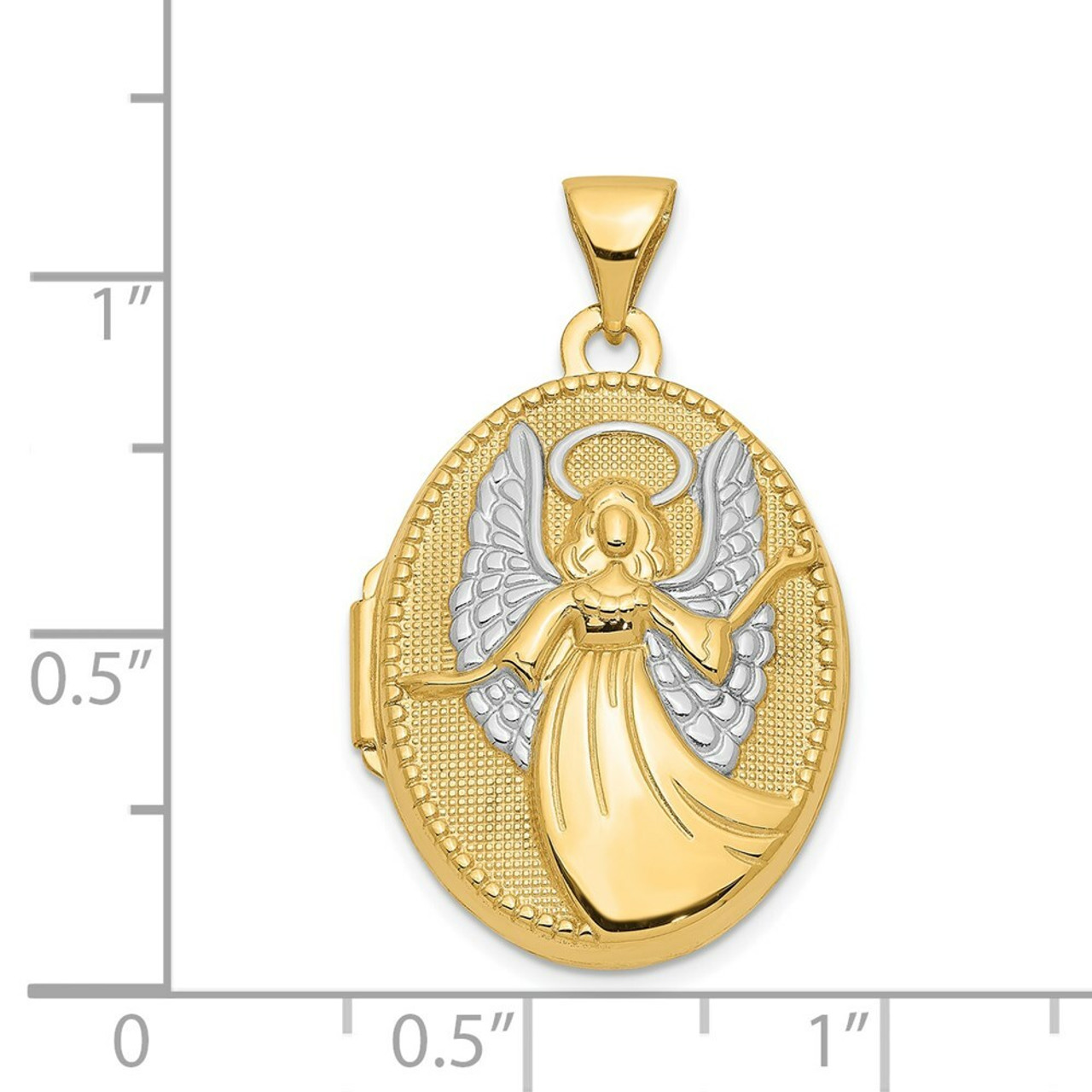 14K Yellow Gold with White Rhodium 21mm Oval Guardian Angel Locket 21x18mm - (A99-423)