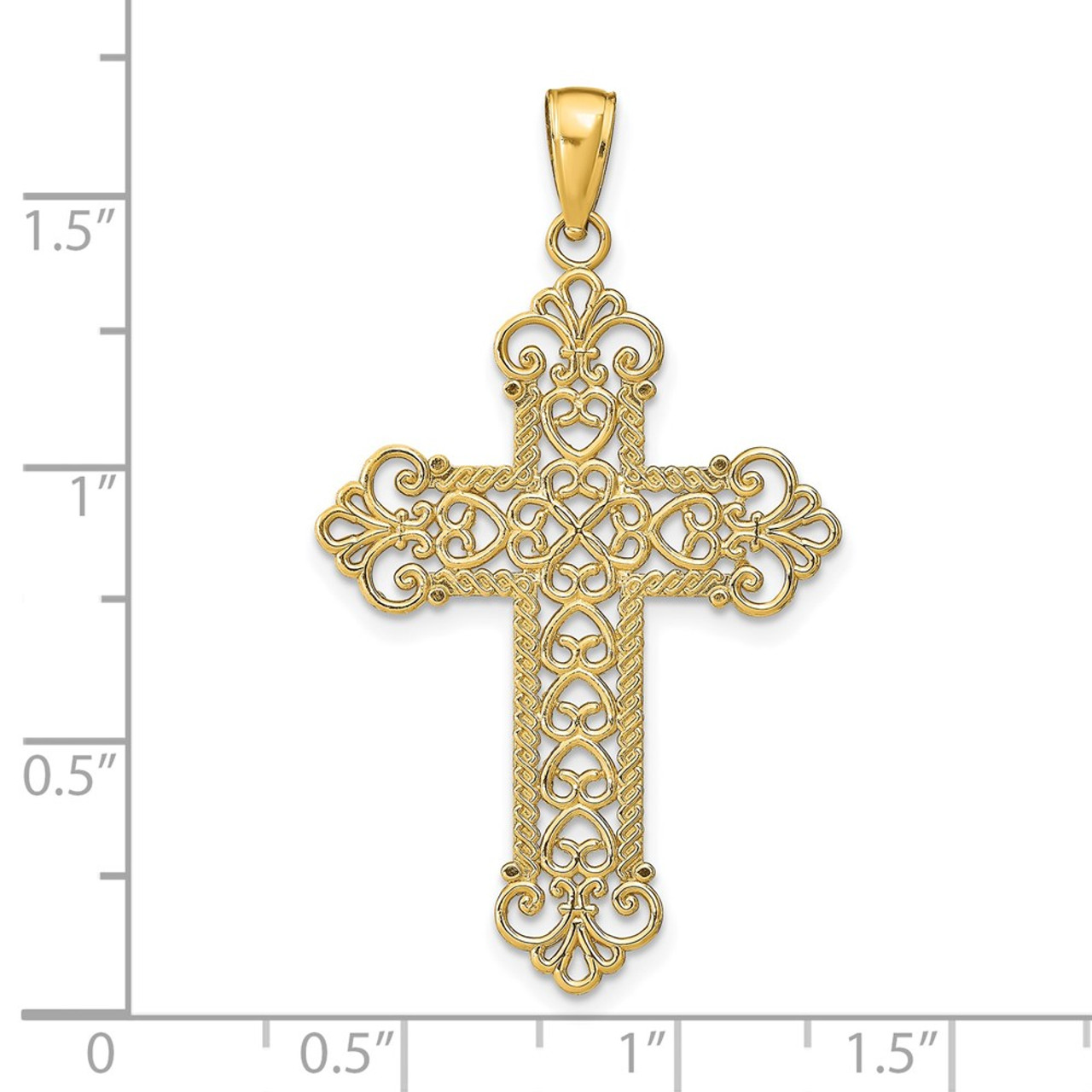 14K Yellow Gold Polished Large Rope Frame Filigree Cross Pendant - (A85-519)