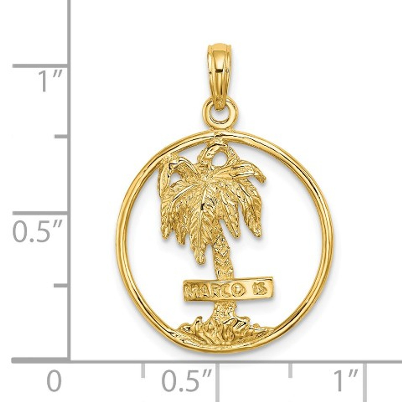 14K Yellow Gold 2-D Marco Island Palm Tree In Round Frame Charm Pendant - (A92-689)