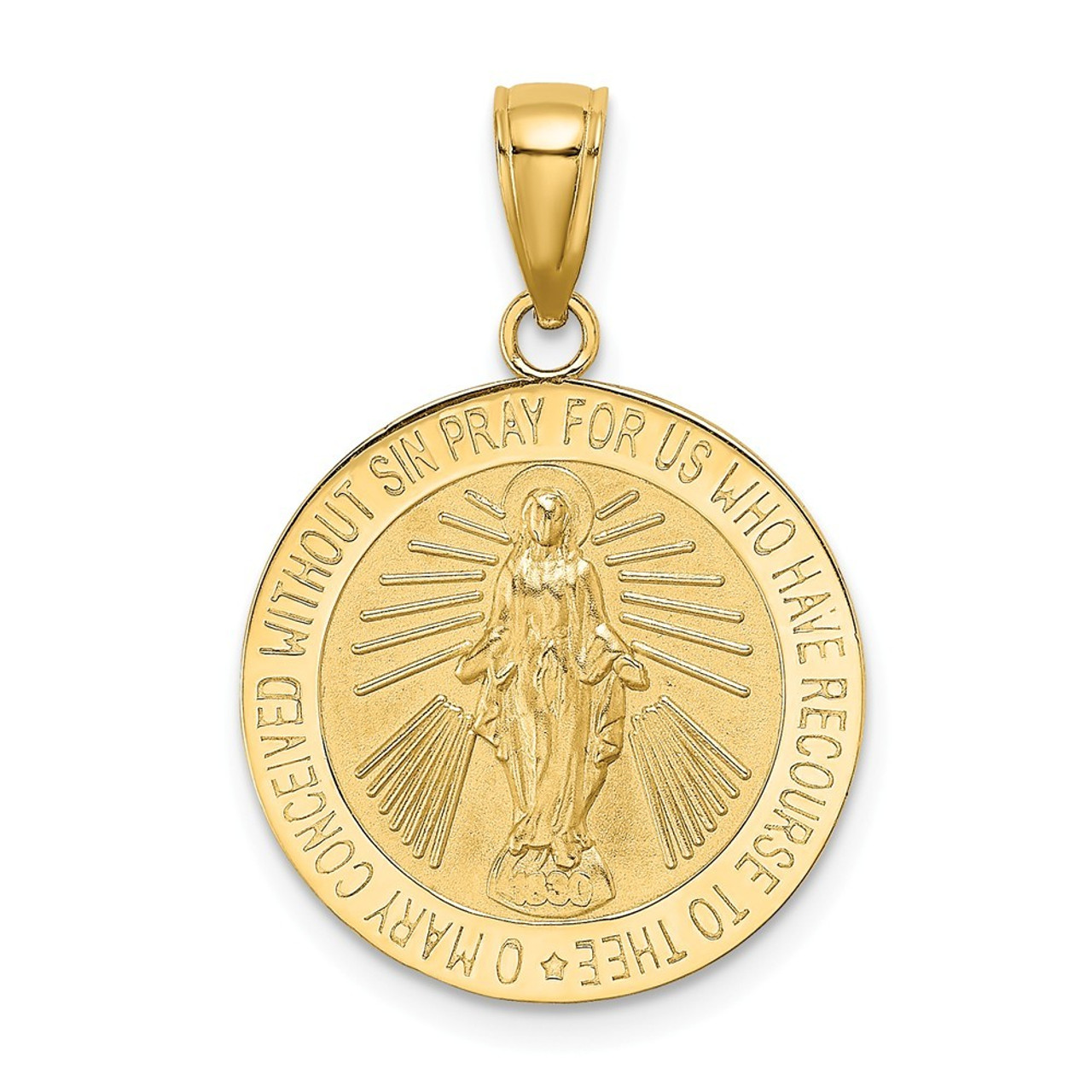 14K Yellow Gold Polished and Satin Miraculous Medal Charm Pendant - (A93-176)