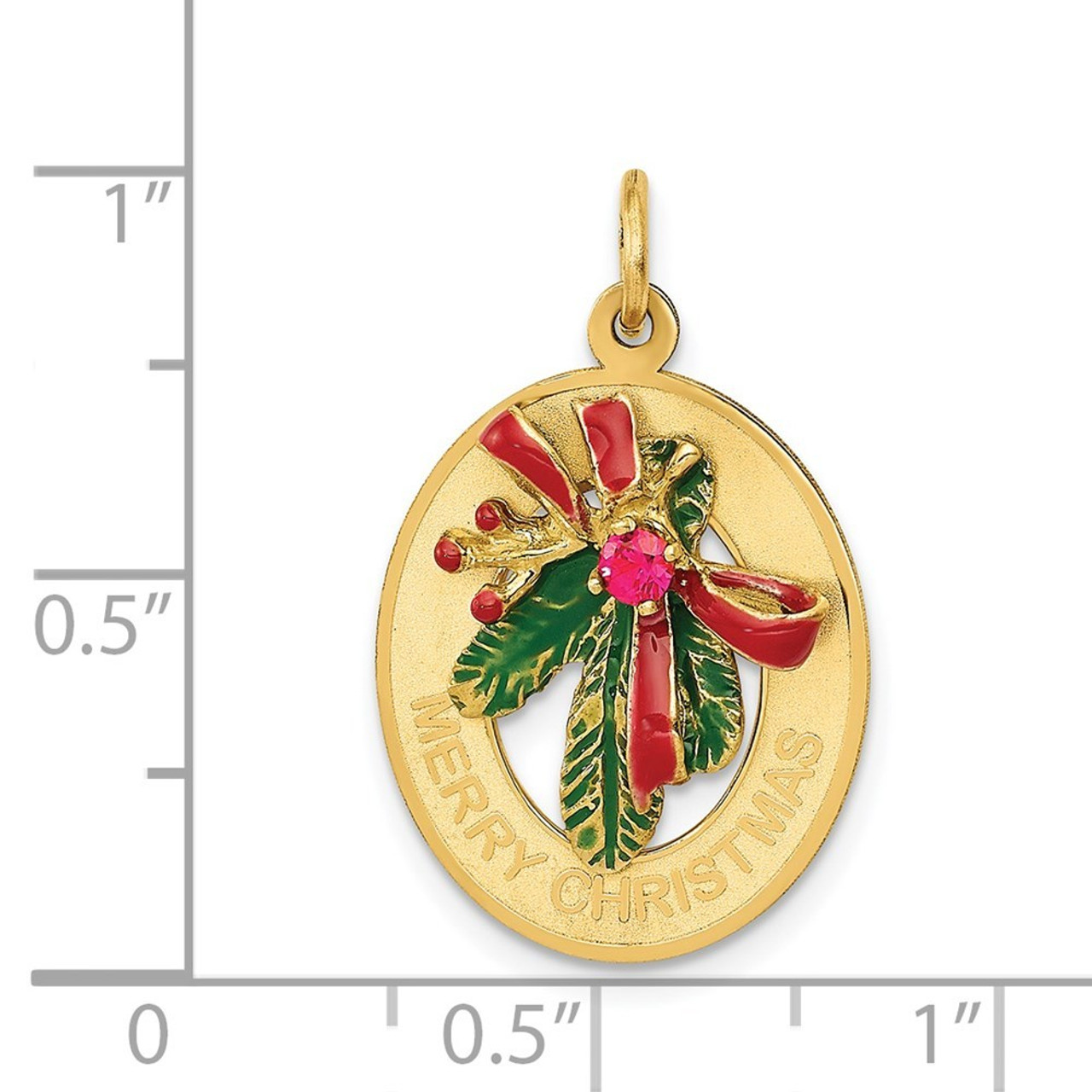 14K Yellow Gold Enameled Mistletoe with Synthetic Stone Charm - (A82-466)