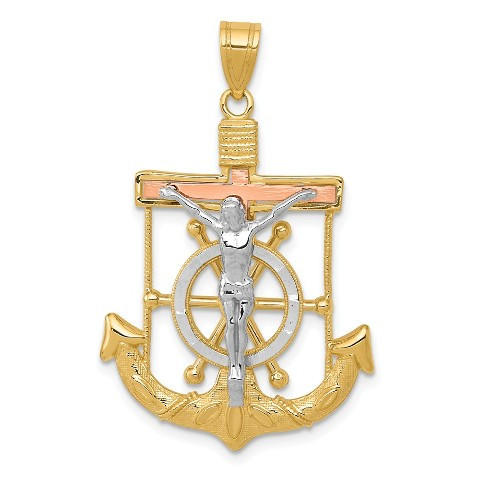 14K Tri-Color Gold Diamond-cut Textured Mariner's Cross Pendant