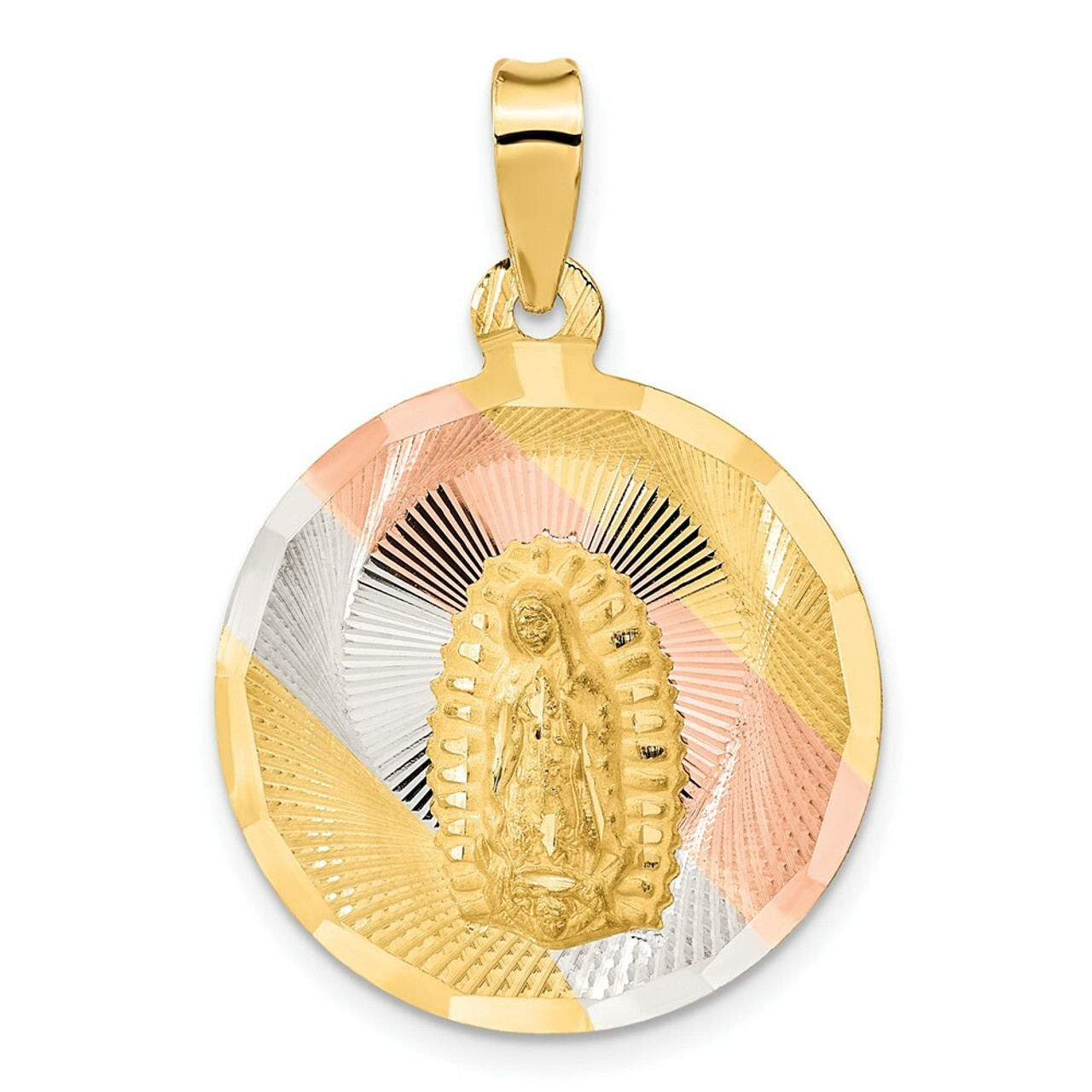14K Yellow Gold Two-tone & Diamond-cut Lady of Guadalupe Circle Pendant - (A85-631)