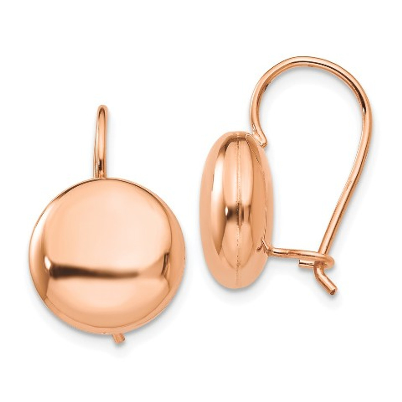 14K Rose Gold Polished 12mm Button Kidney Wire Earrings - (B44-248