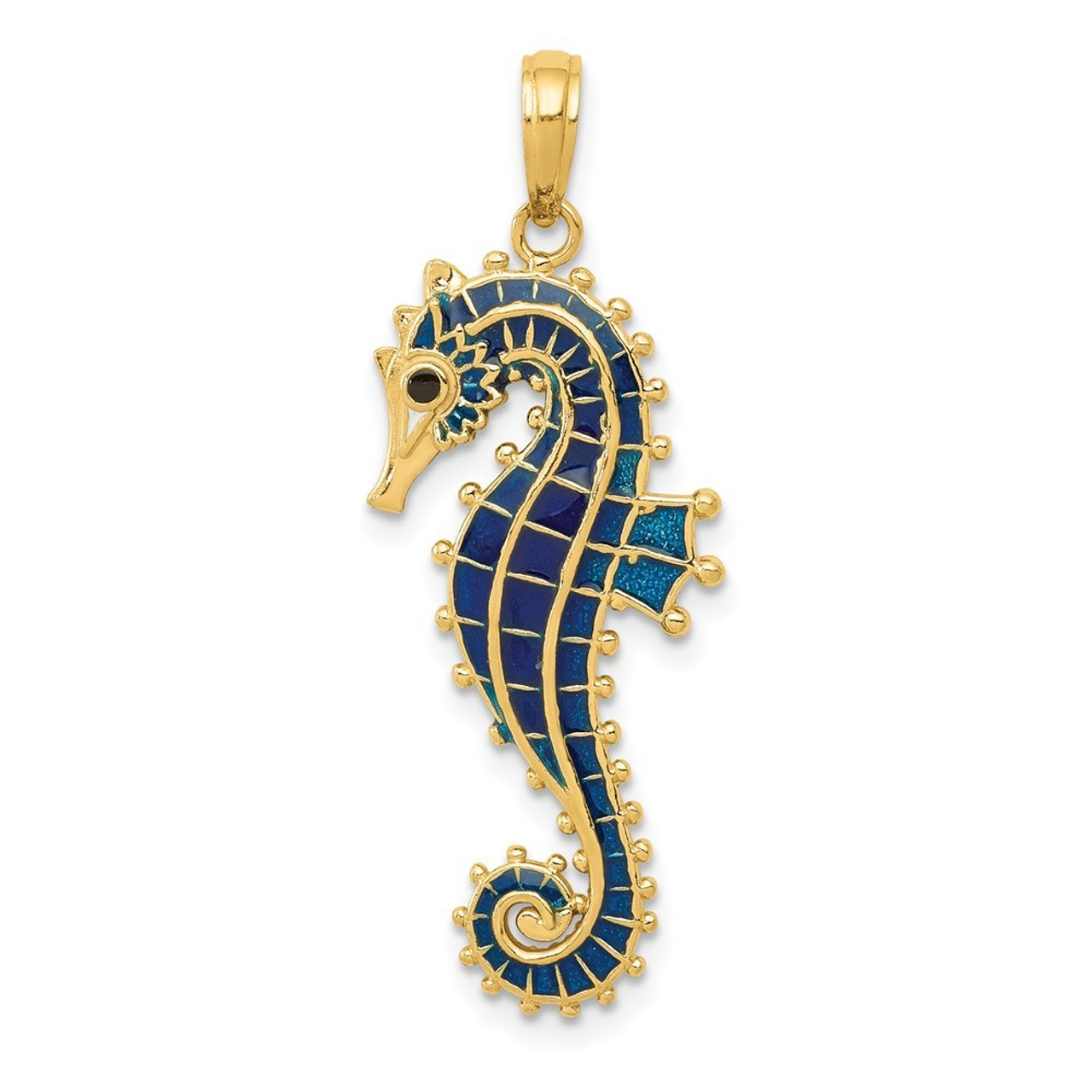 14K Yellow Gold 3-D Blue Enameled Seahorse Pendant - (A85-530)