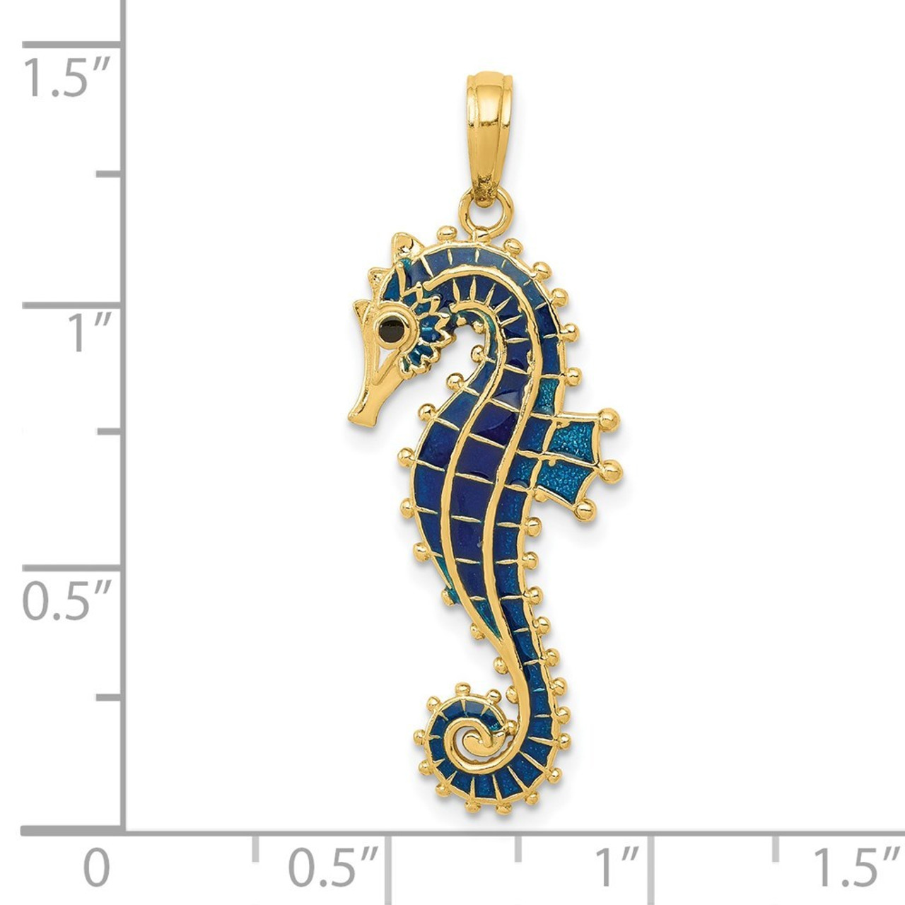 14K Yellow Gold 3-D Blue Enameled Seahorse Pendant - (A85-530)