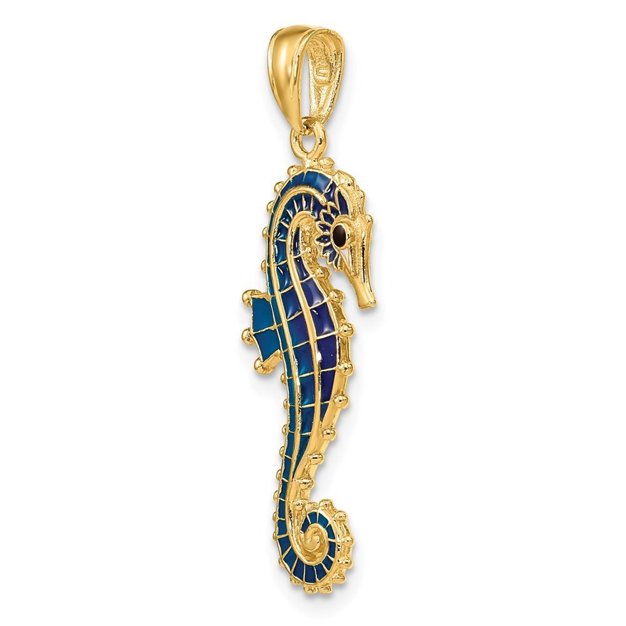 14K Yellow Gold 3-D Blue Enameled Seahorse Pendant - (A85-530)