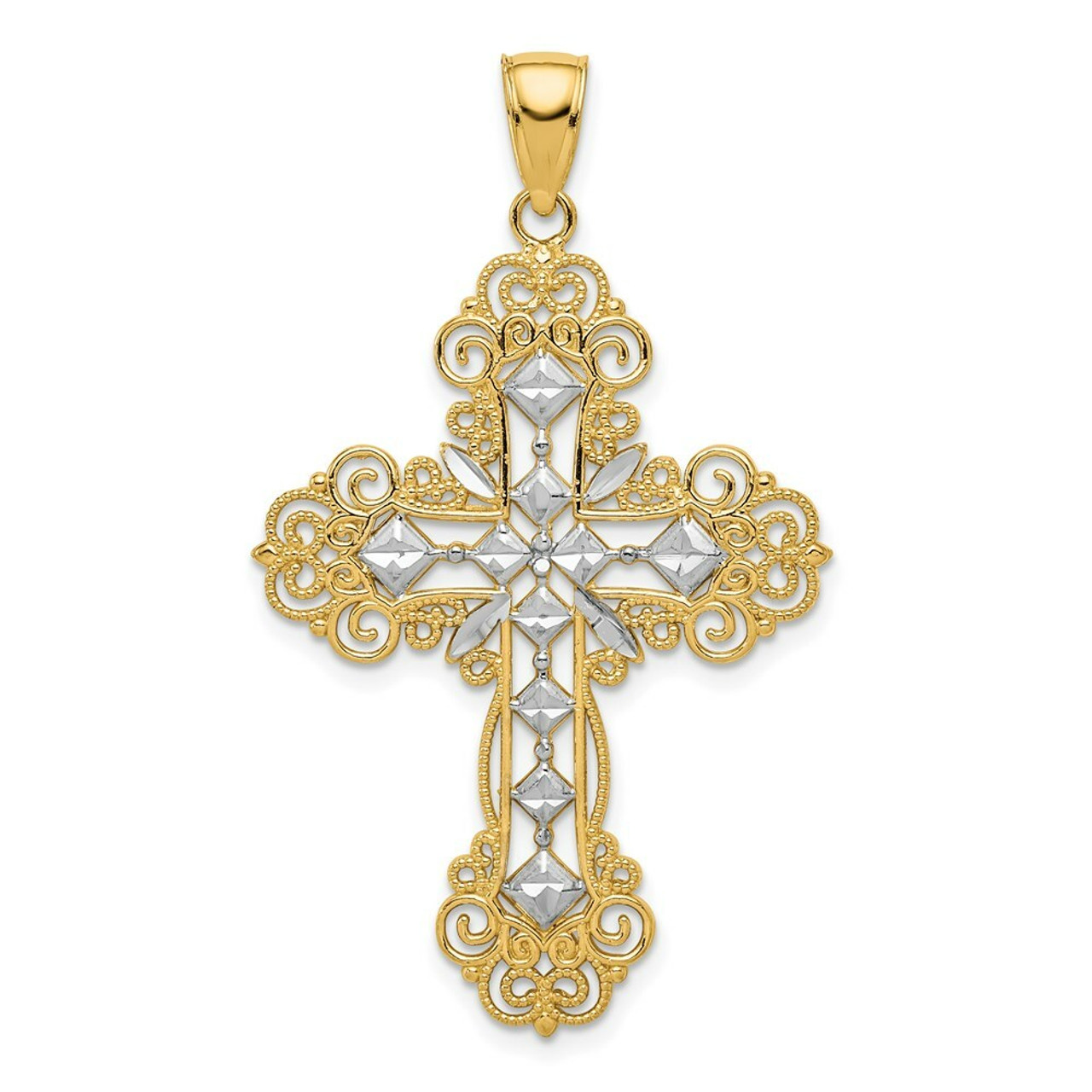 14K Yellow Gold Polished & Textured Diamond Pattern Cross Pendant - (A87-169)