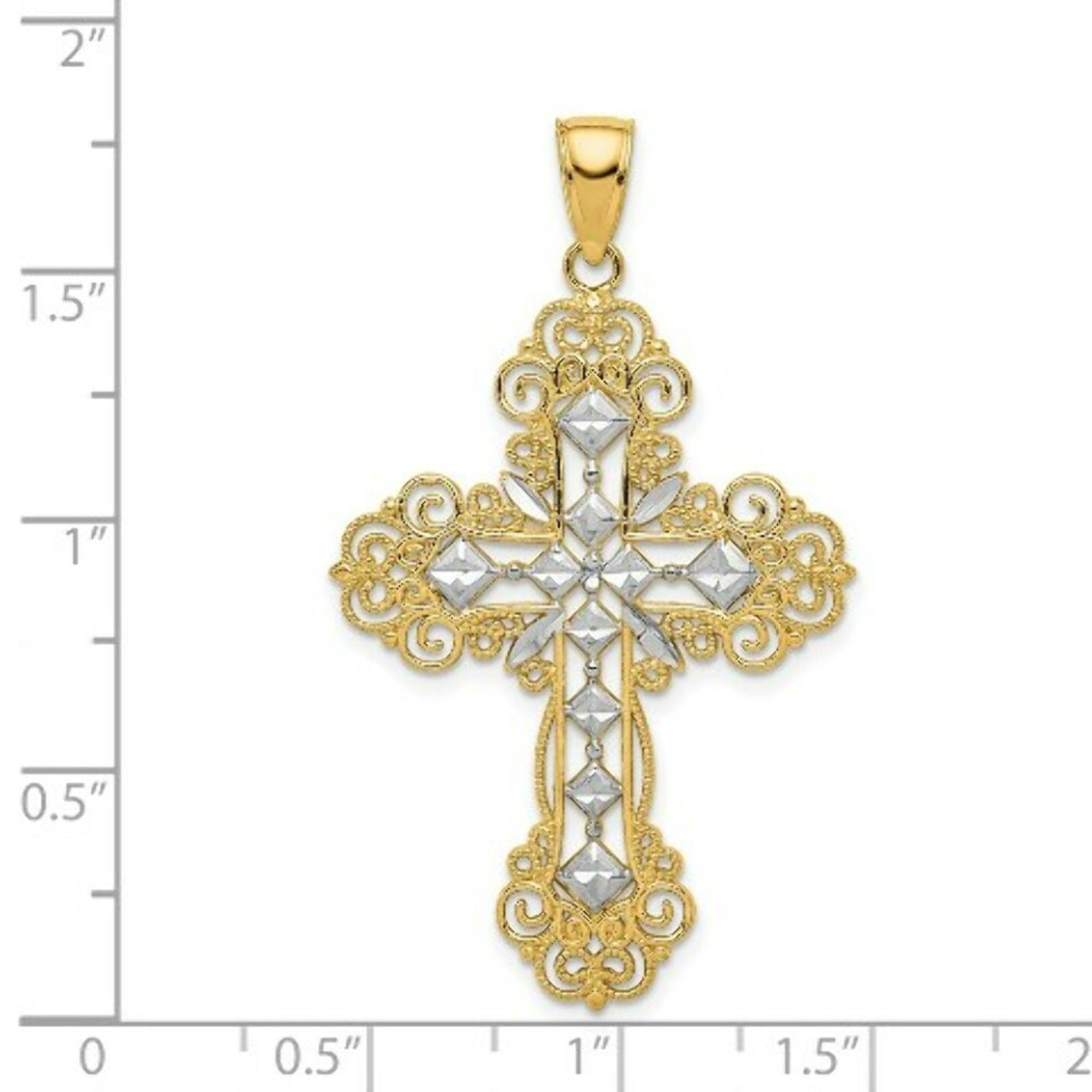 14K Yellow Gold Polished & Textured Diamond Pattern Cross Pendant - (A87-169)