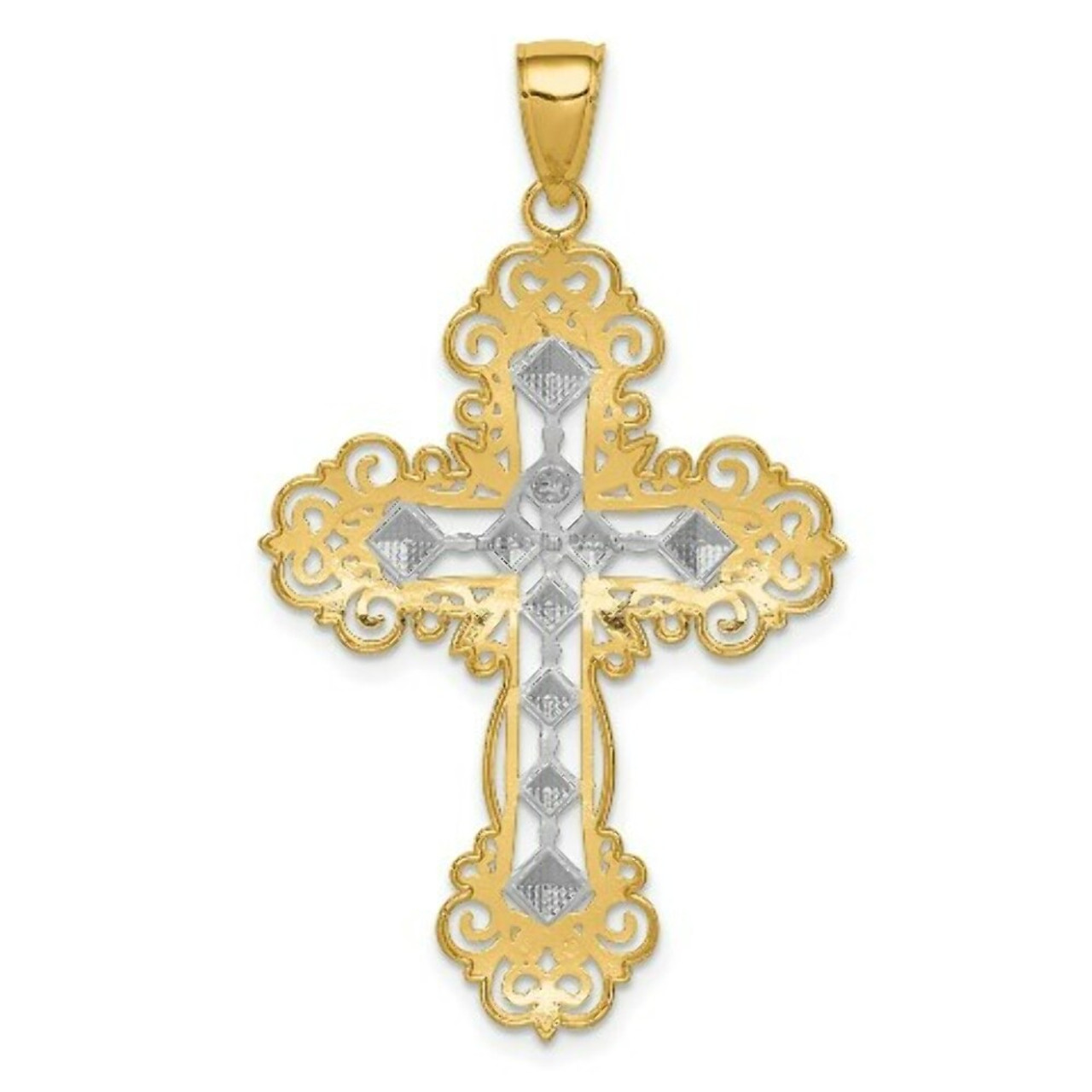 14K Yellow Gold Polished & Textured Diamond Pattern Cross Pendant - (A87-169)