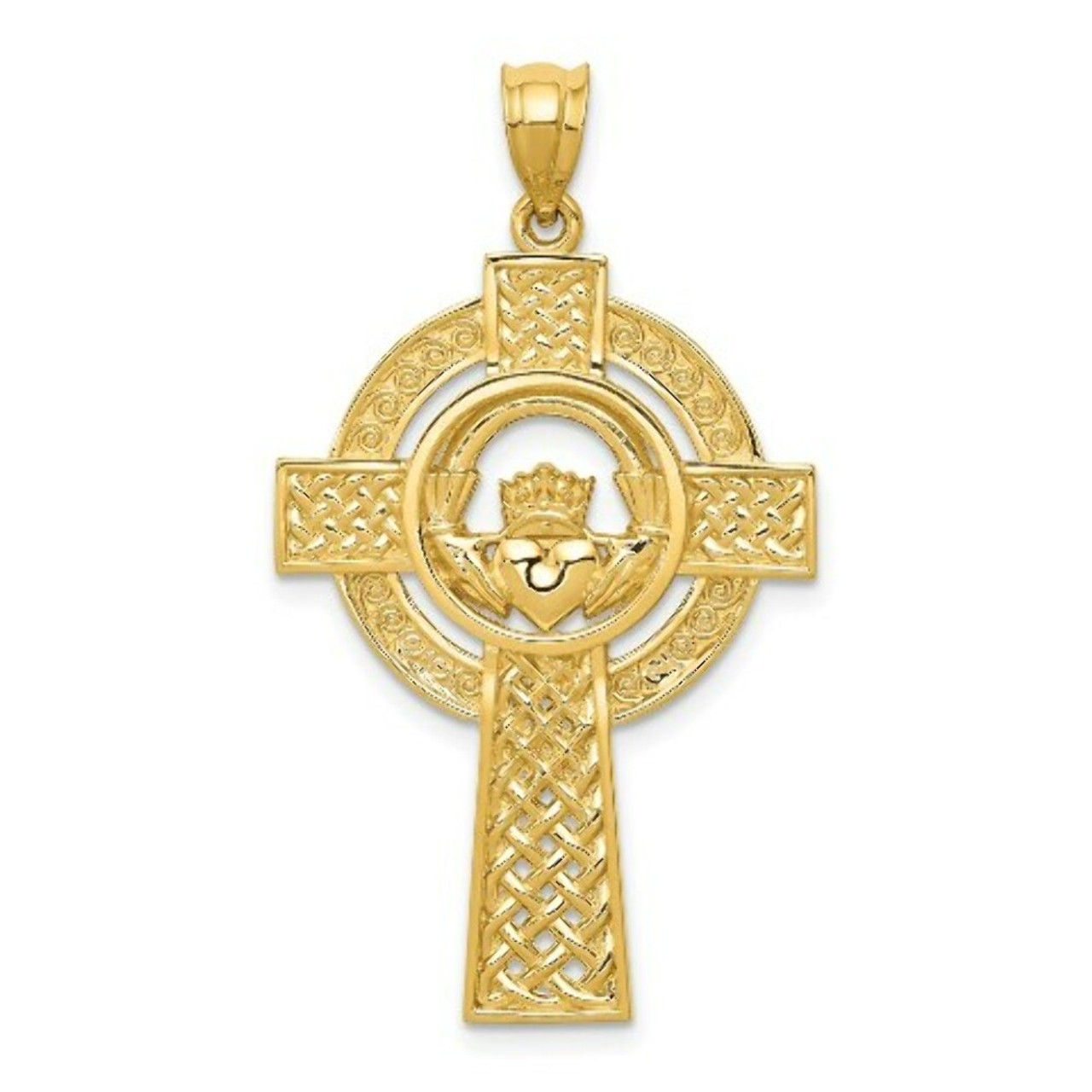 14K Yellow Gold Celtic Claddagh Cross Pendant - (A83-356)