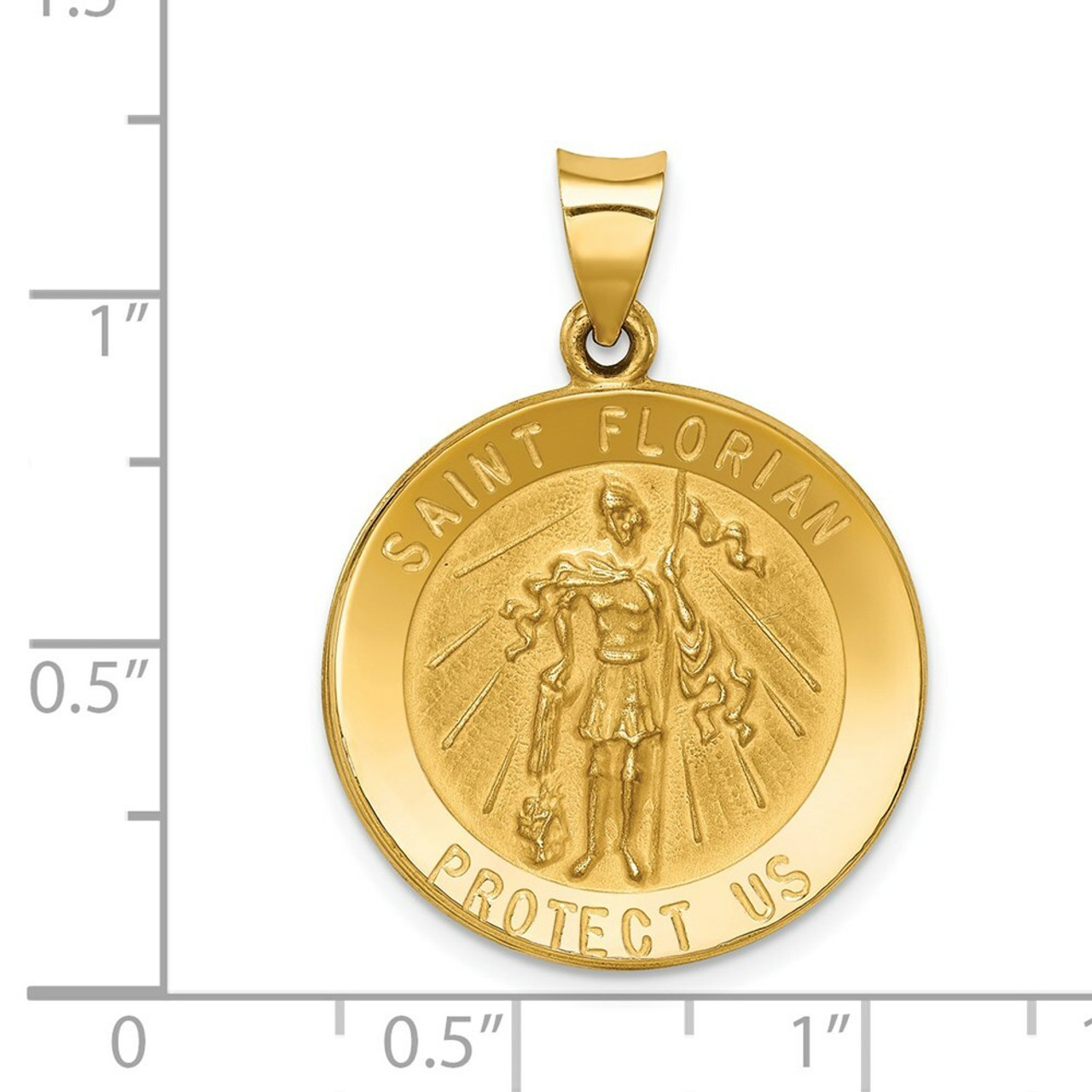 14K Yellow Gold Polished and Satin St. Florian Medal Pendant 22mm width - (B11-124)