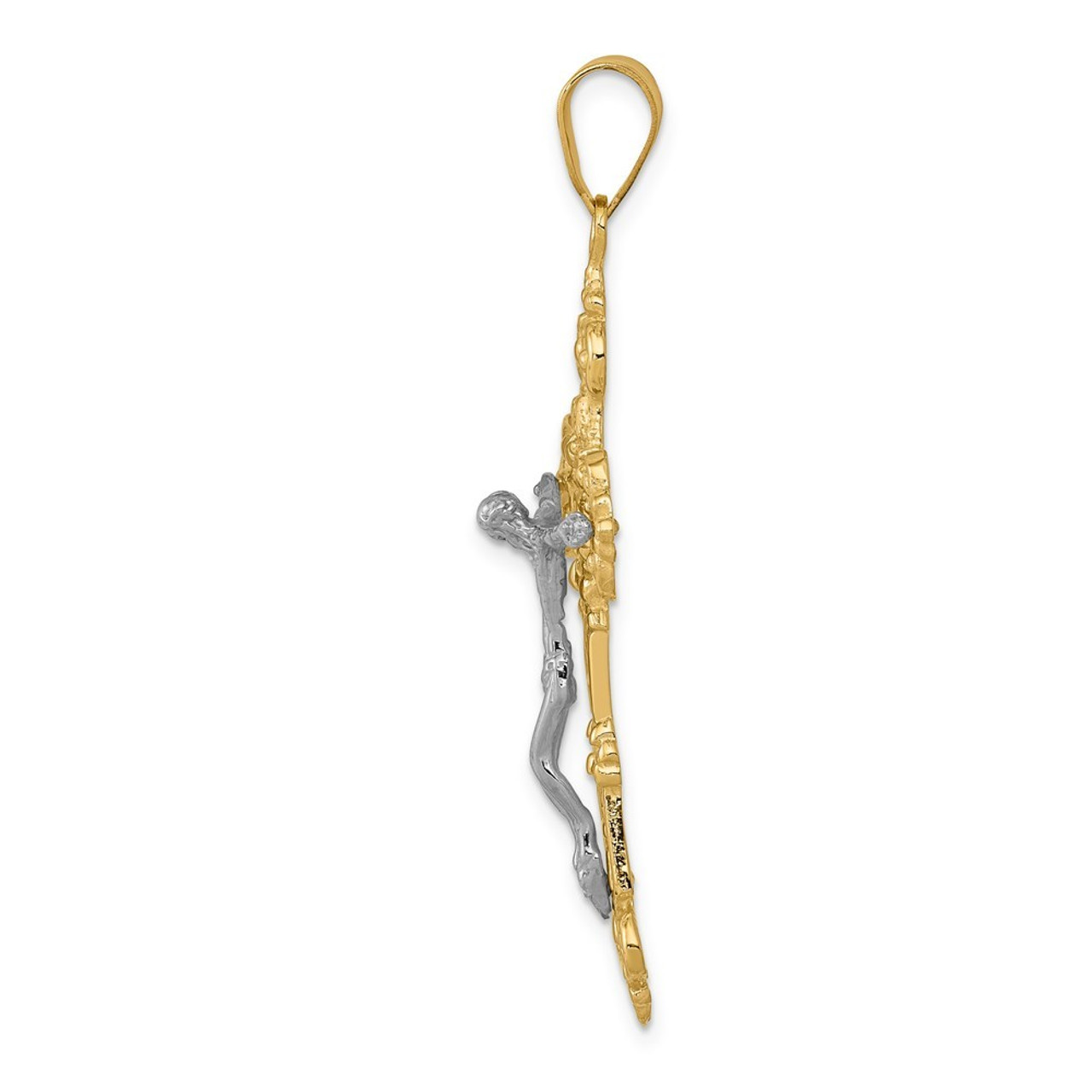 14K Two-tone Gold INRI Fleur De Lis Crucifix Pendant 47mm length - (A83-471)